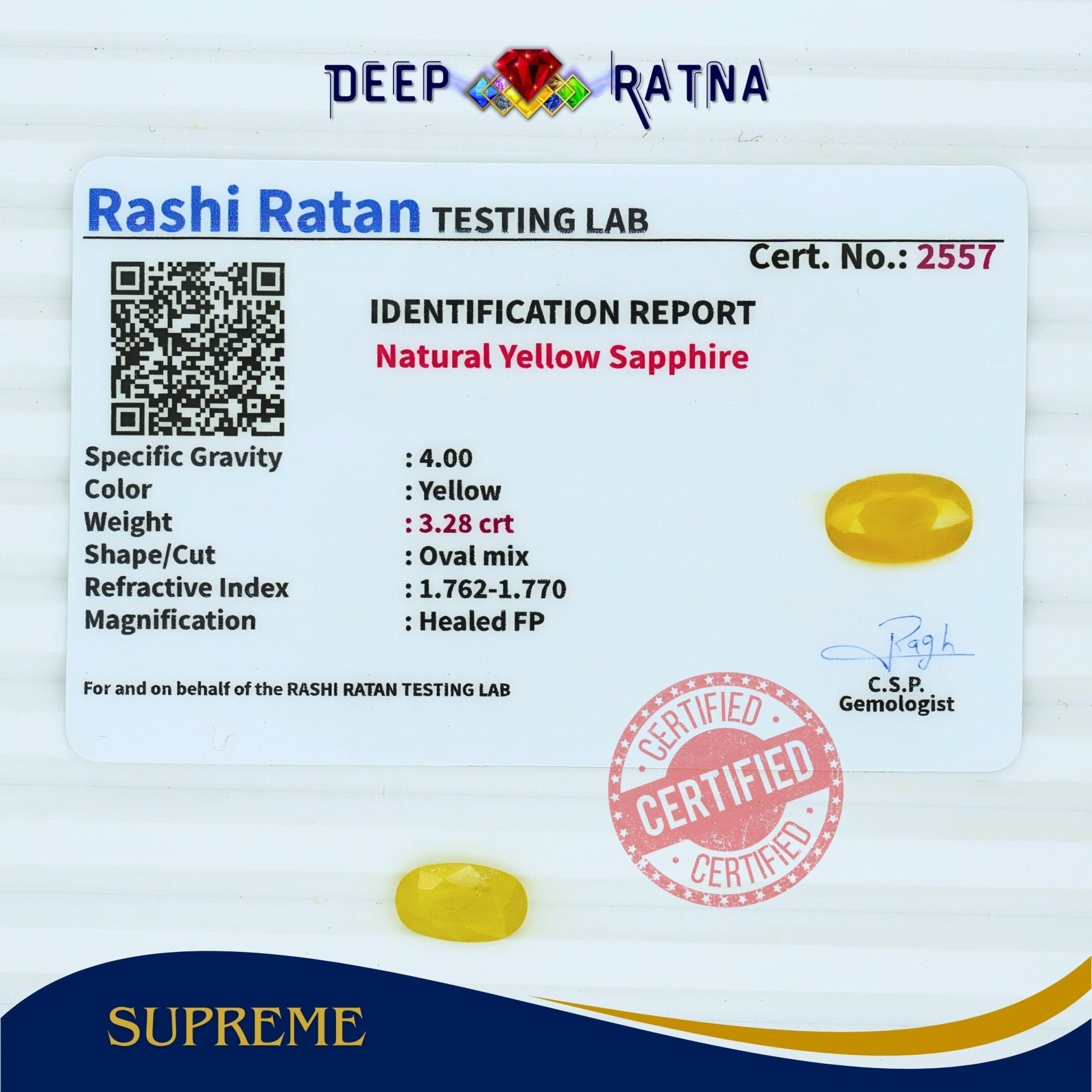 Yellow Sapphire 3.28 Carat (Thailand) - Deep Ratna