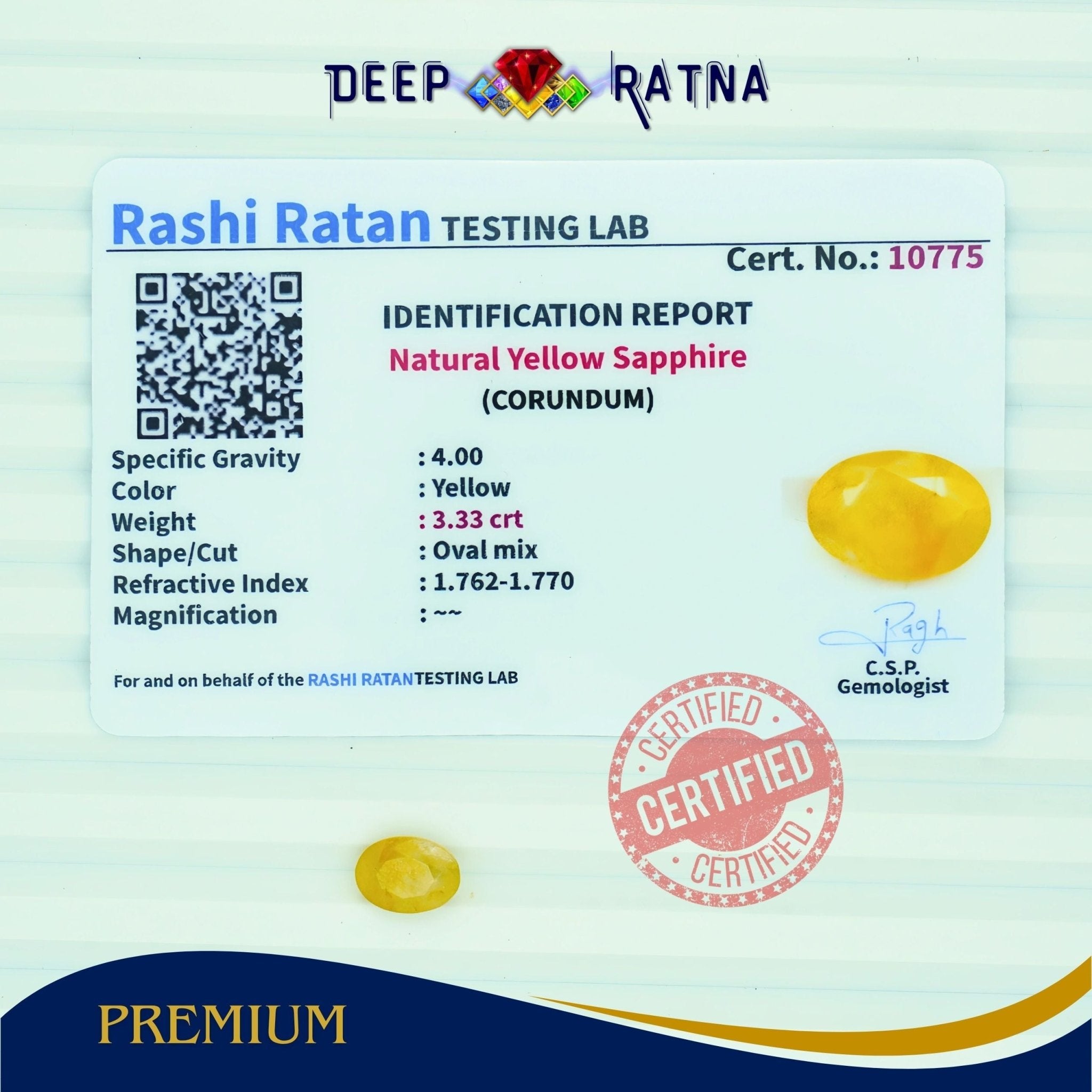 Yellow Sapphire 3.33 Carat (Thailand) - Deep Ratna