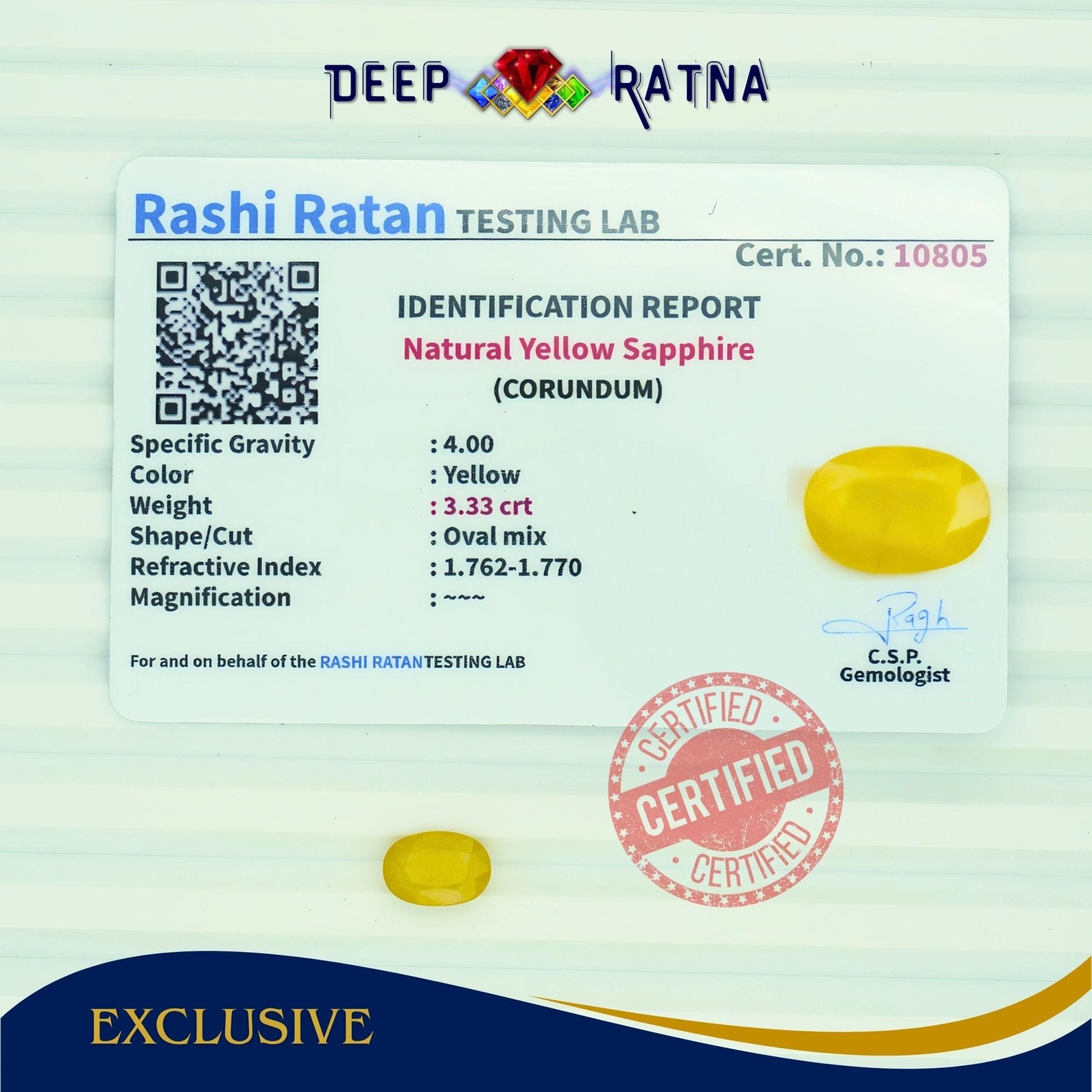 Yellow Sapphire 3.33 Carat (Thailand) - Deep Ratna