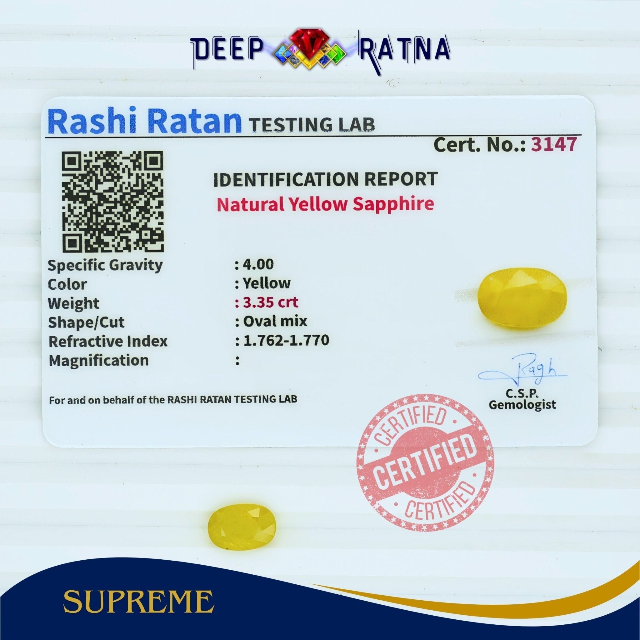 Yellow Sapphire 3.35 Carat (Thailand) - Deep Ratna