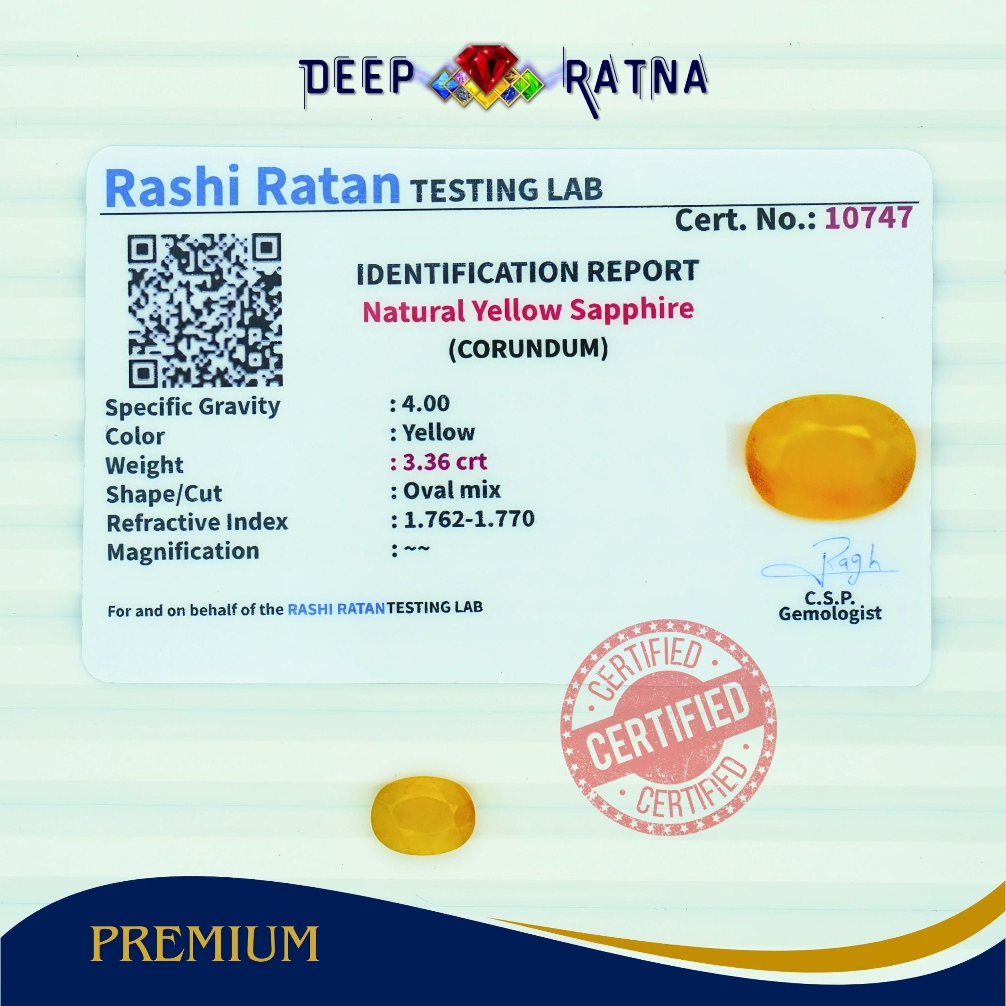 Yellow Sapphire 3.36 Carat (Thailand) - Deep Ratna