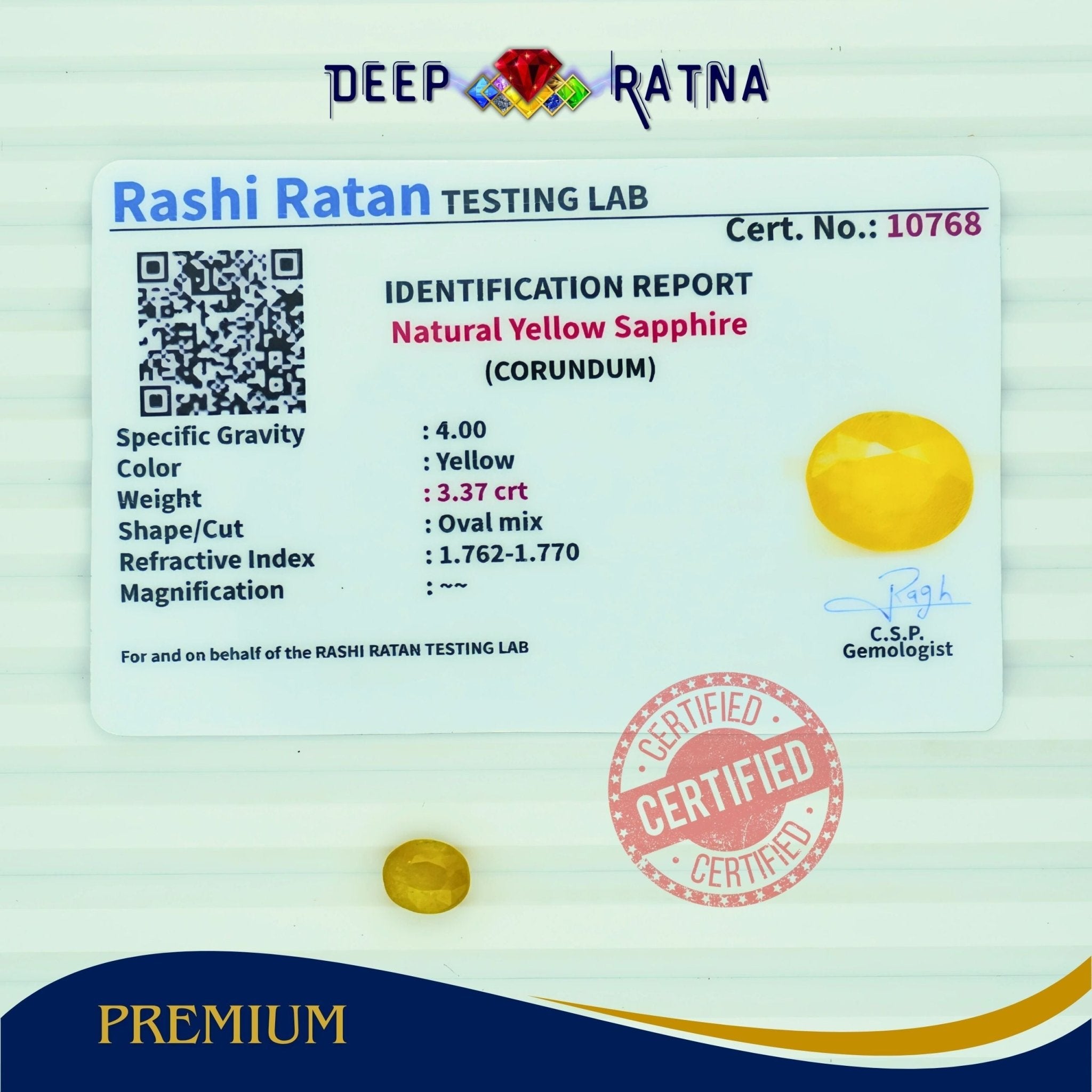 Yellow Sapphire 3.37 Carat (Thailand) - Deep Ratna