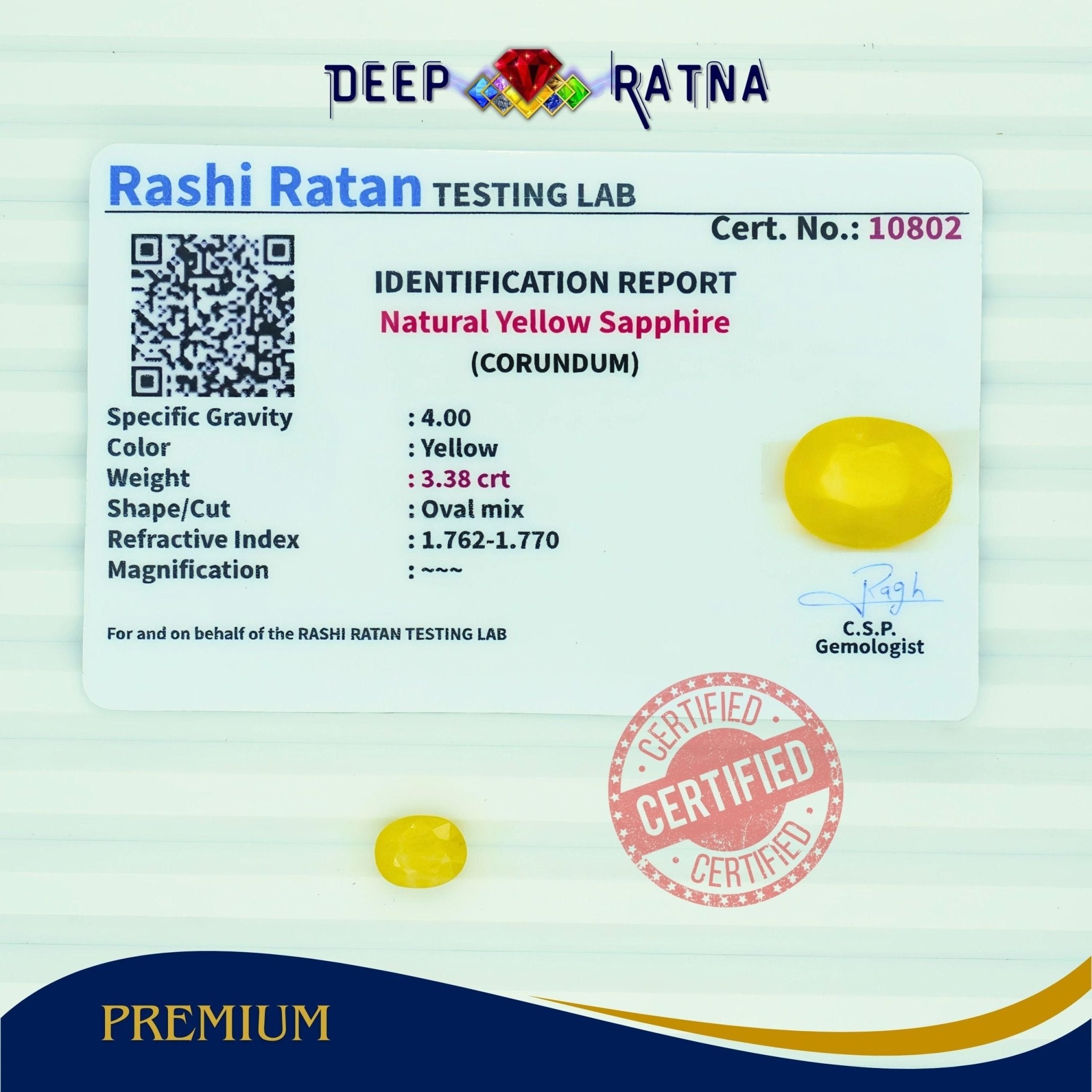 Yellow Sapphire 3.38 Carat (Thailand) - Deep Ratna