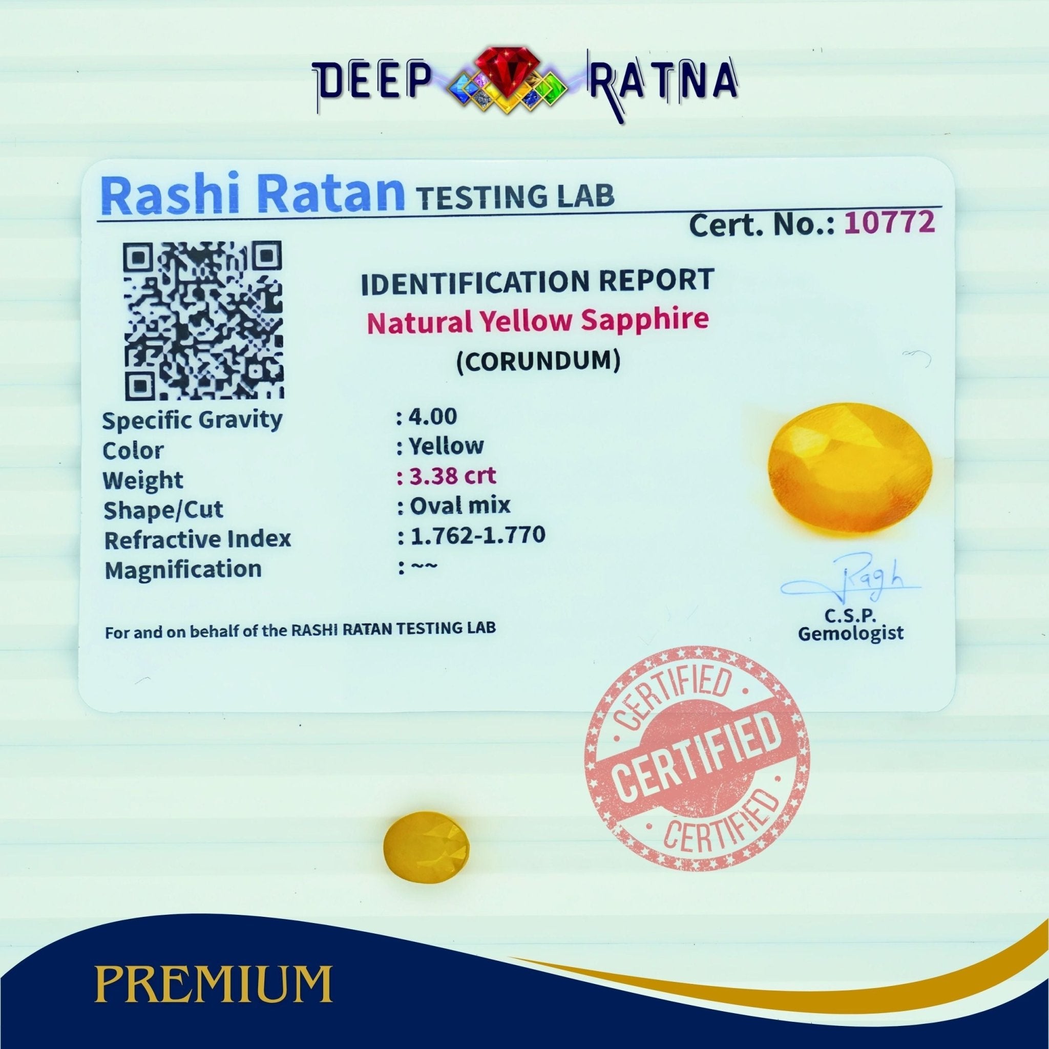 Yellow Sapphire 3.38 Carat (Thailand) - Deep Ratna