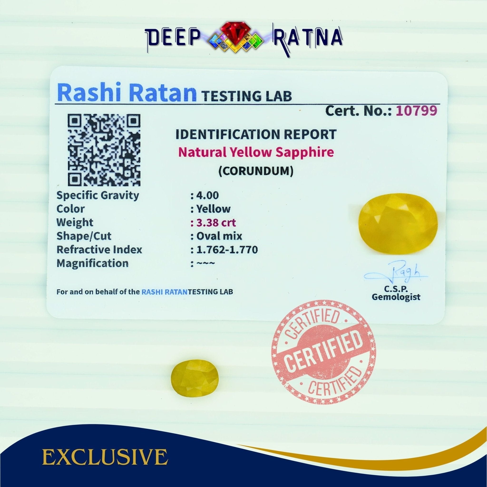 Yellow Sapphire 3.38 Carat (Thailand) - Deep Ratna