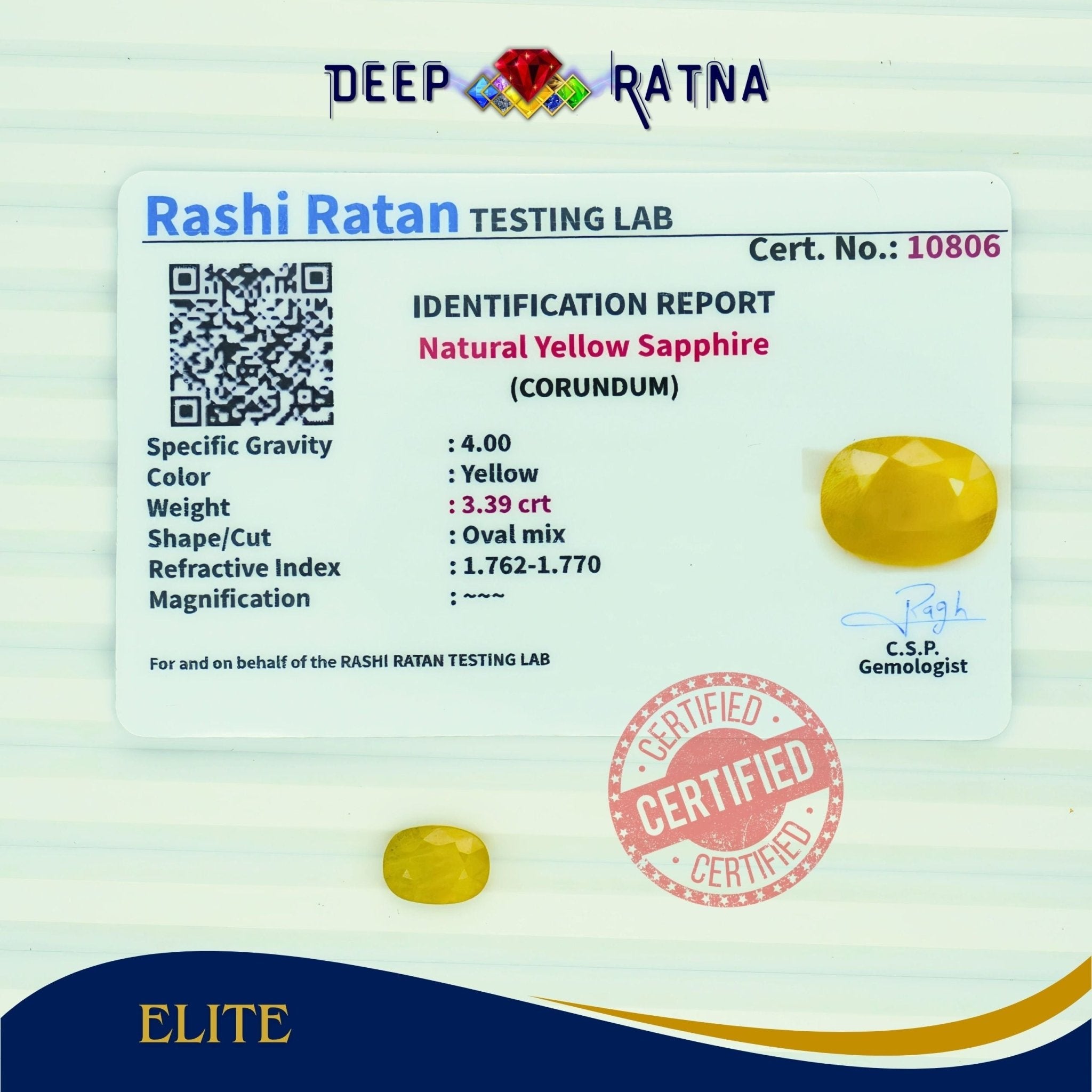 Yellow Sapphire 3.39 Carat (Thailand) - Deep Ratna