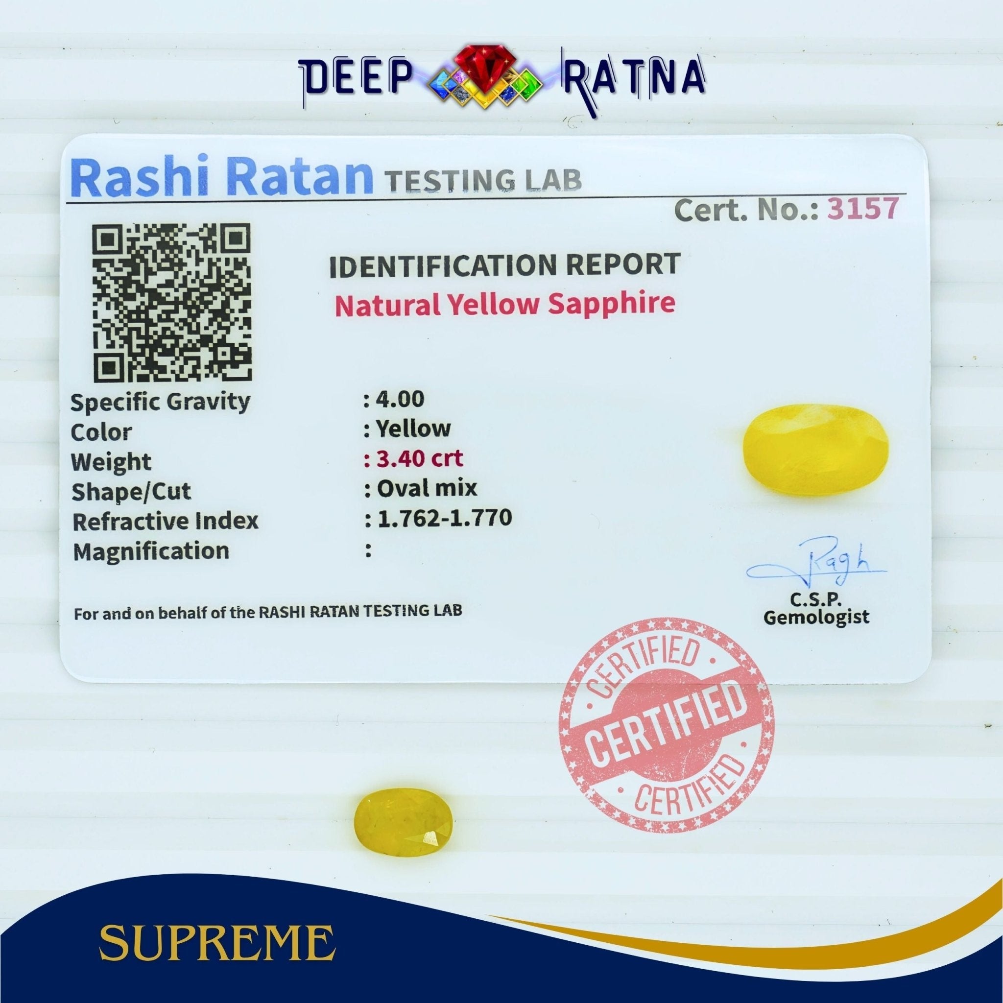 Yellow Sapphire 3.40 Carat (Thailand) - Deep Ratna