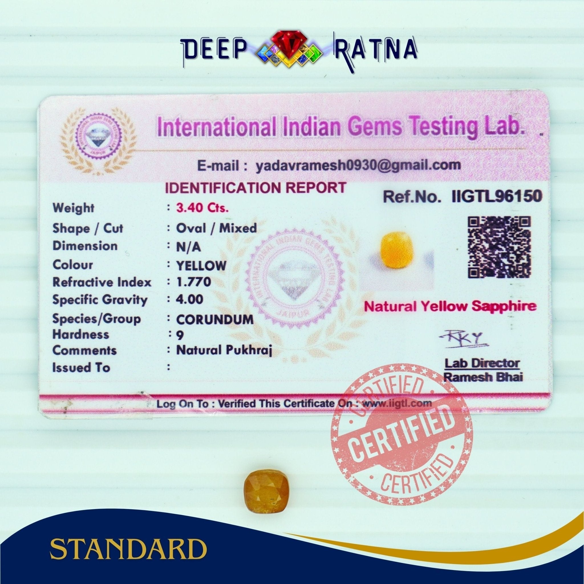 Yellow Sapphire 3.40 Carat (Thailand) - Deep Ratna