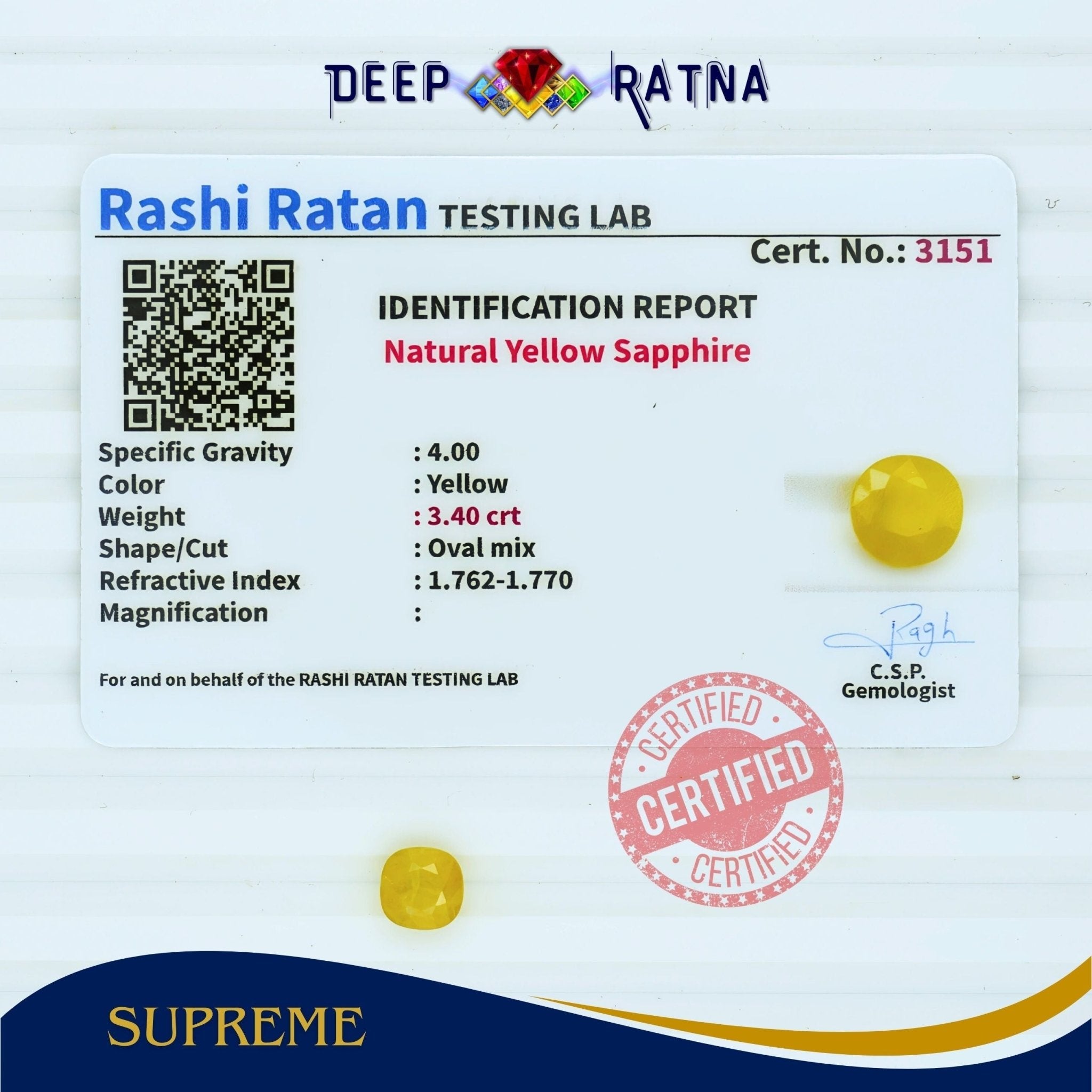 Yellow Sapphire 3.40 Carat (Thailand) - Deep Ratna