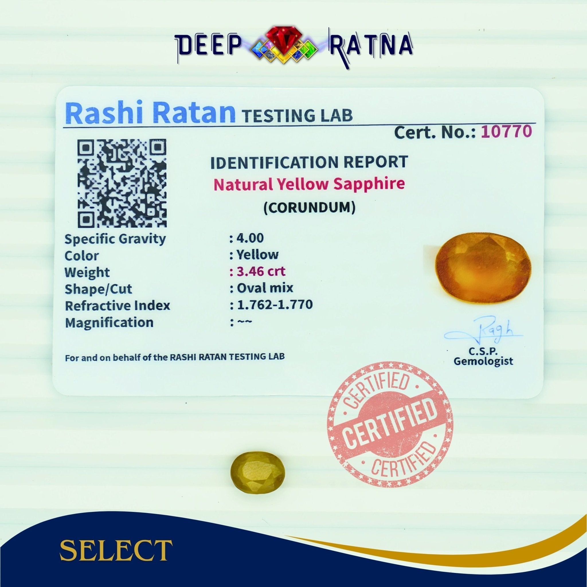 Yellow Sapphire 3.46 Carat (Thailand) - Deep Ratna