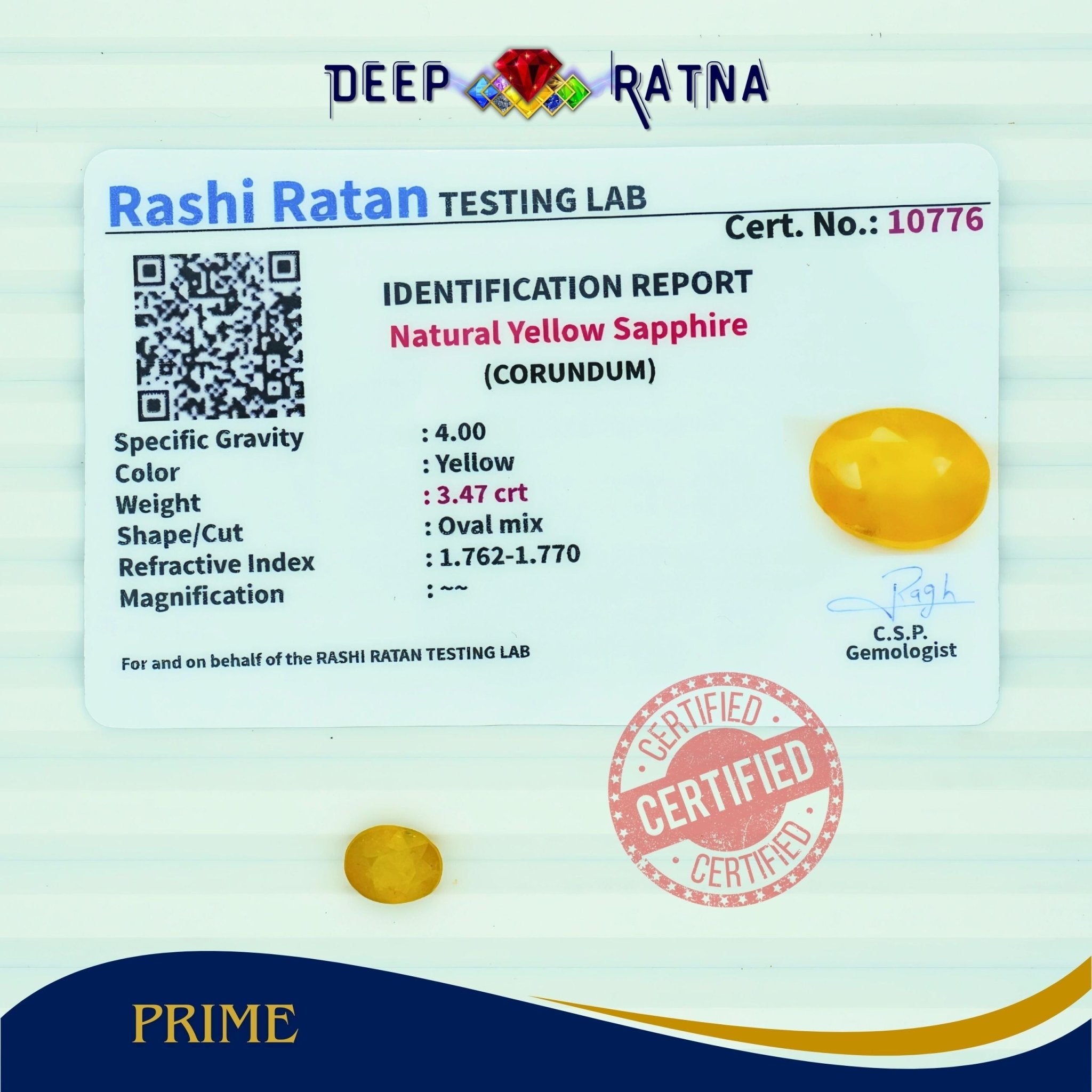 Yellow Sapphire 3.47 Carat (Thailand) - Deep Ratna