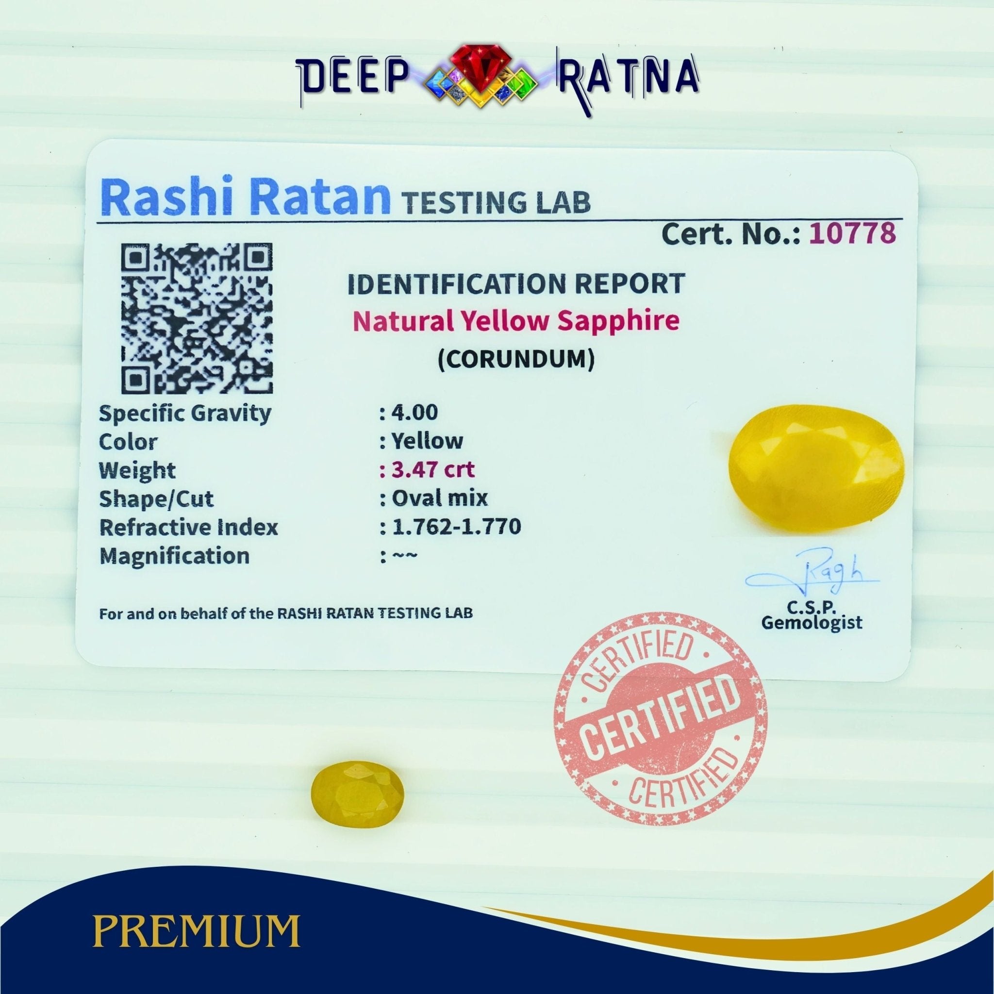 Yellow Sapphire 3.47 Carat (Thailand) - Deep Ratna