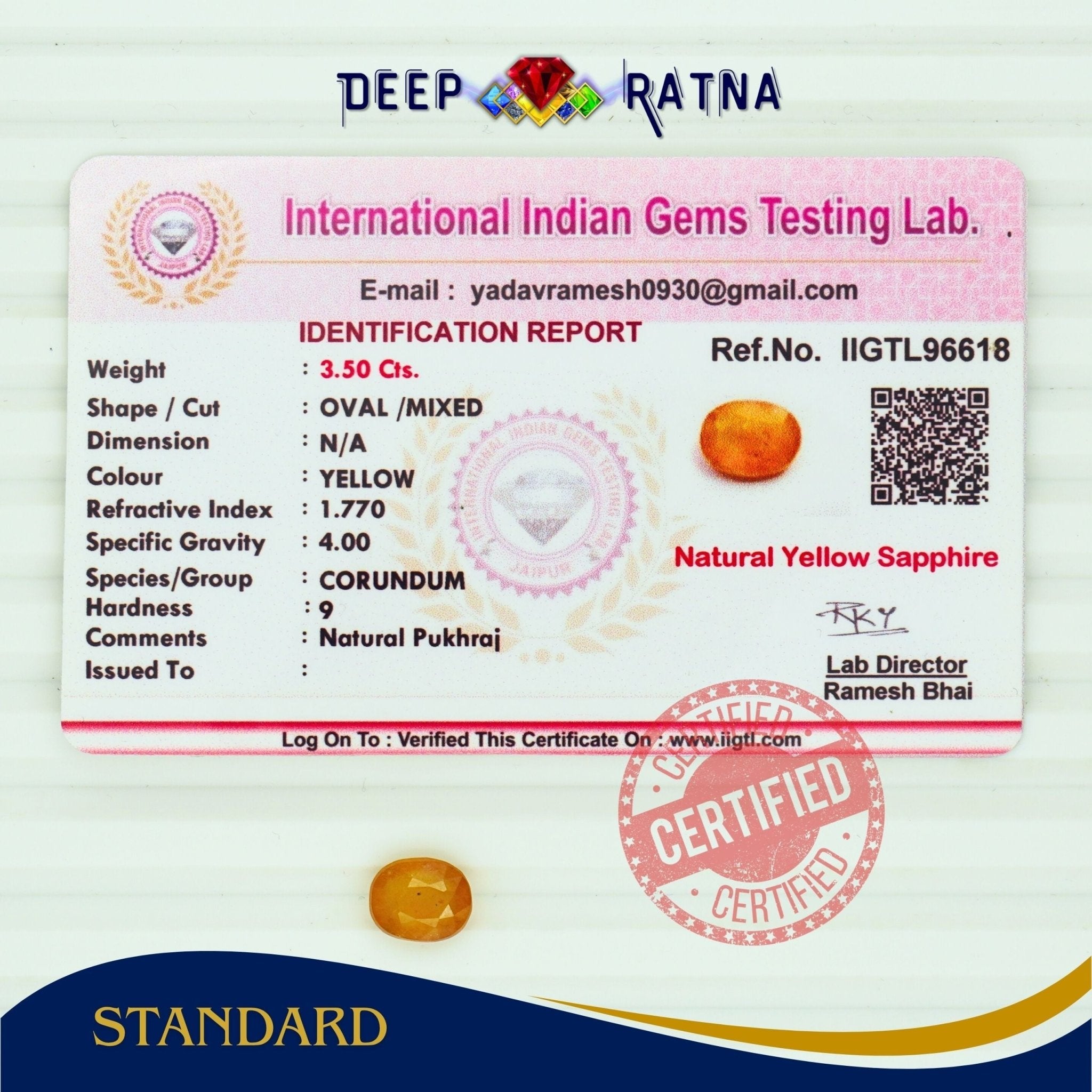 Yellow Sapphire 3.50 Carat (Thailand) - Deep Ratna