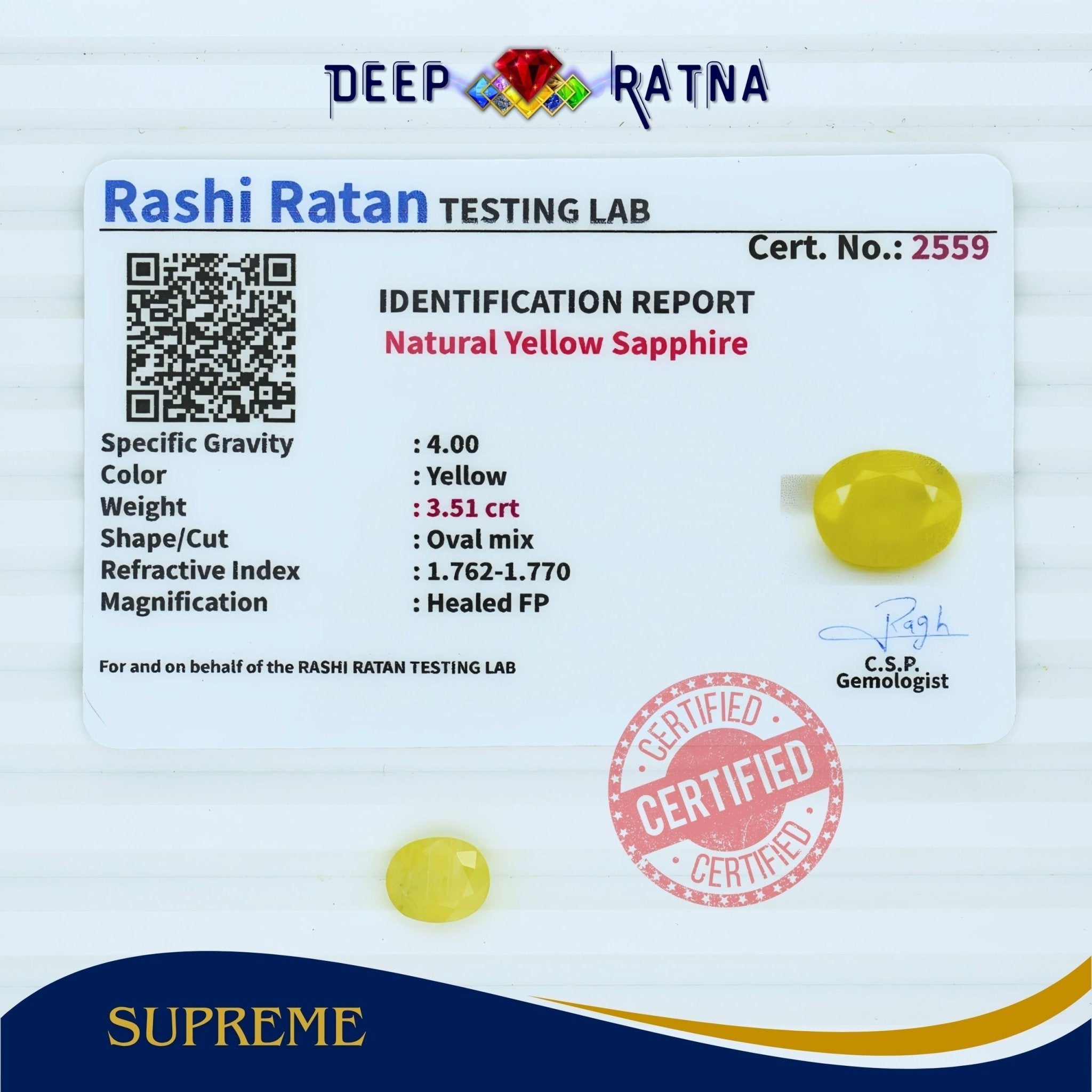 Yellow Sapphire 3.51 Carat (Thailand) - Deep Ratna