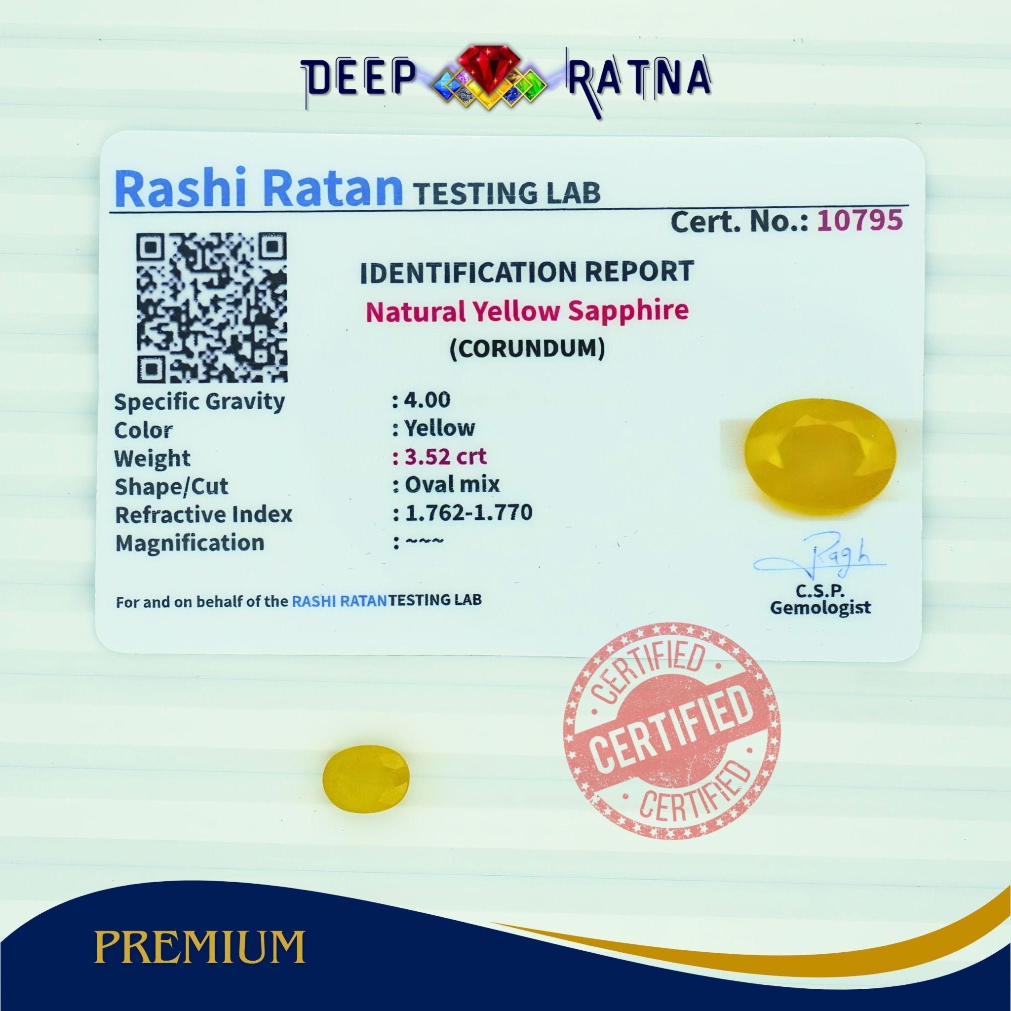 Yellow Sapphire 3.52 Carat (Thailand) - Deep Ratna