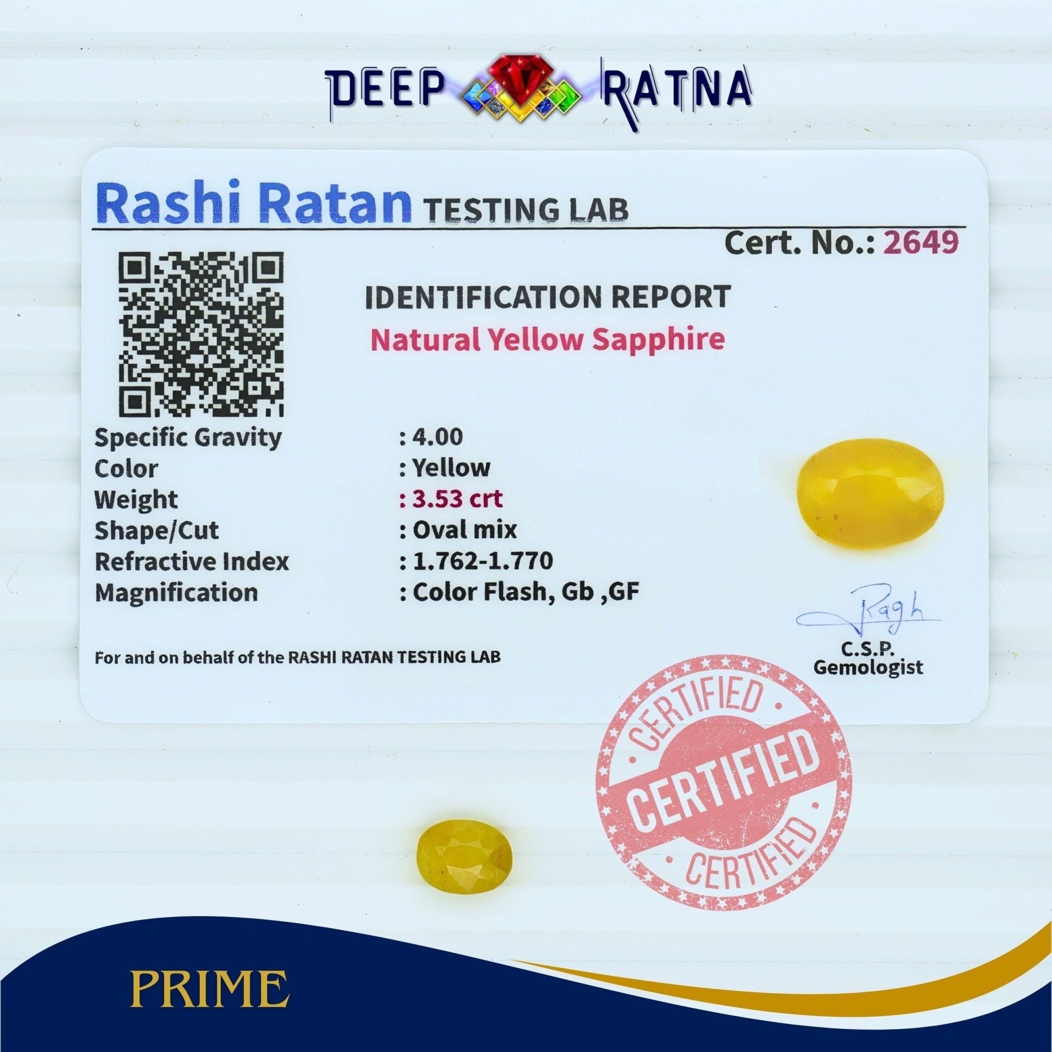 Yellow Sapphire 3.53 Carat (Thailand) - Deep Ratna