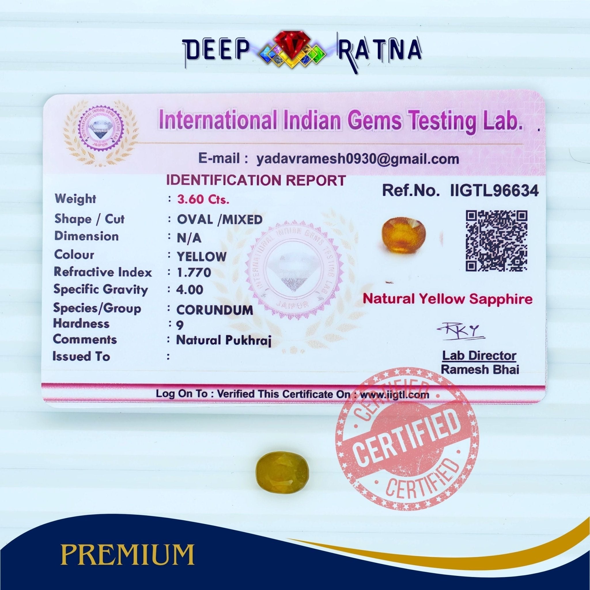 Yellow Sapphire 3.60 Carat (Thailand) - Deep Ratna