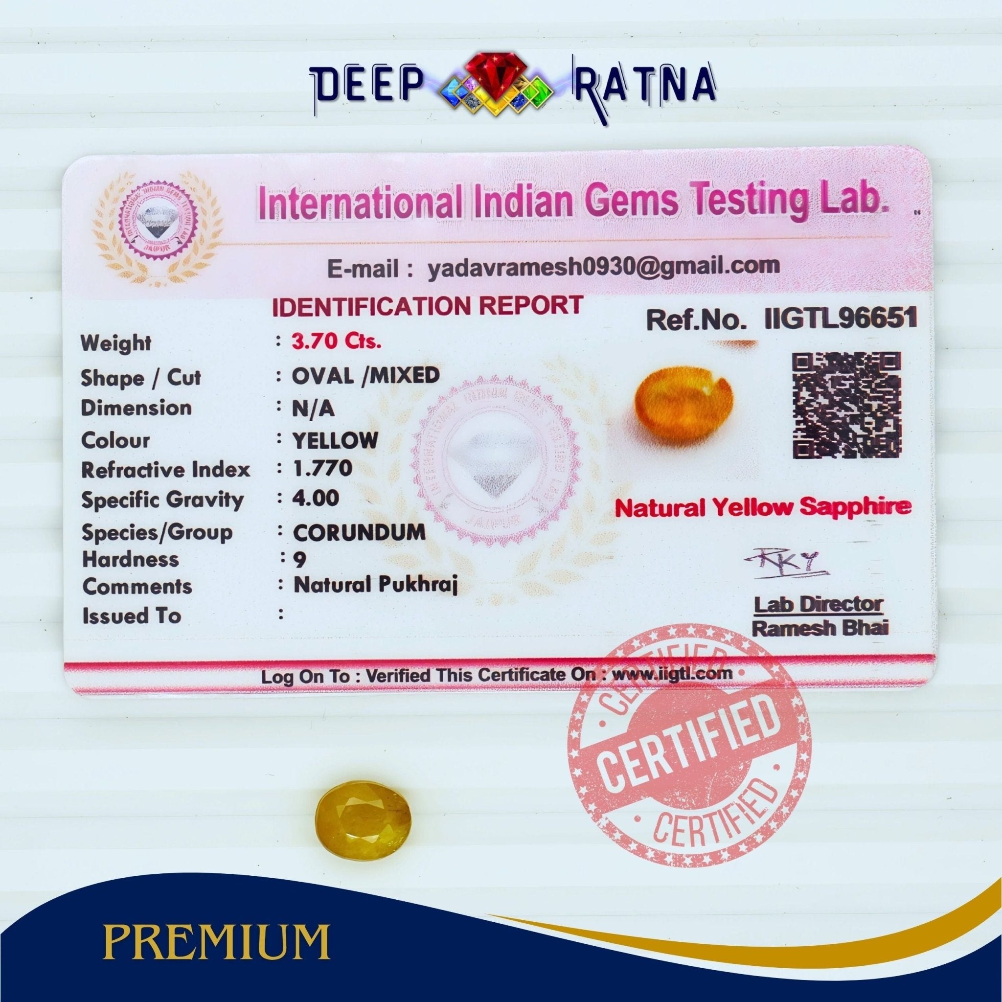 Yellow Sapphire 3.70 Carat (Thailand) - Deep Ratna
