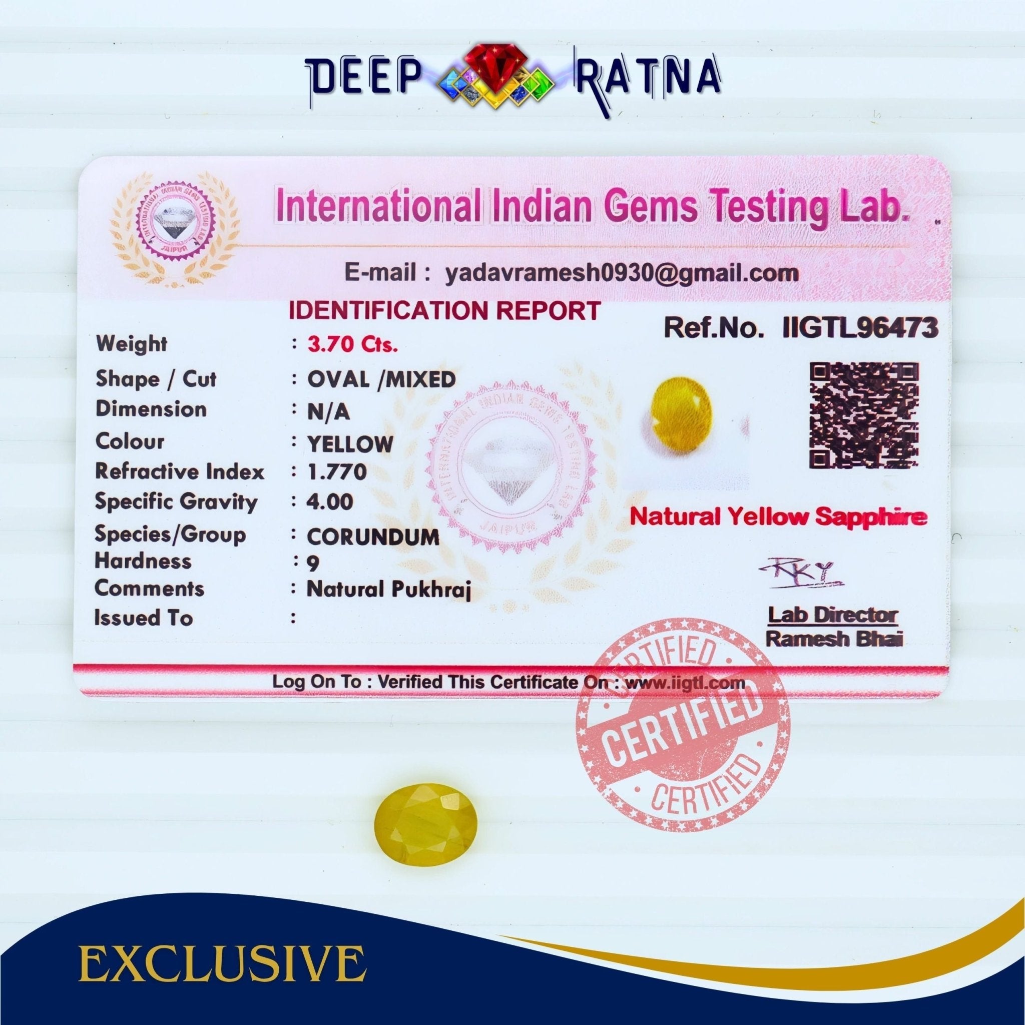 Yellow Sapphire 3.70 Carat (Thailand) - Deep Ratna