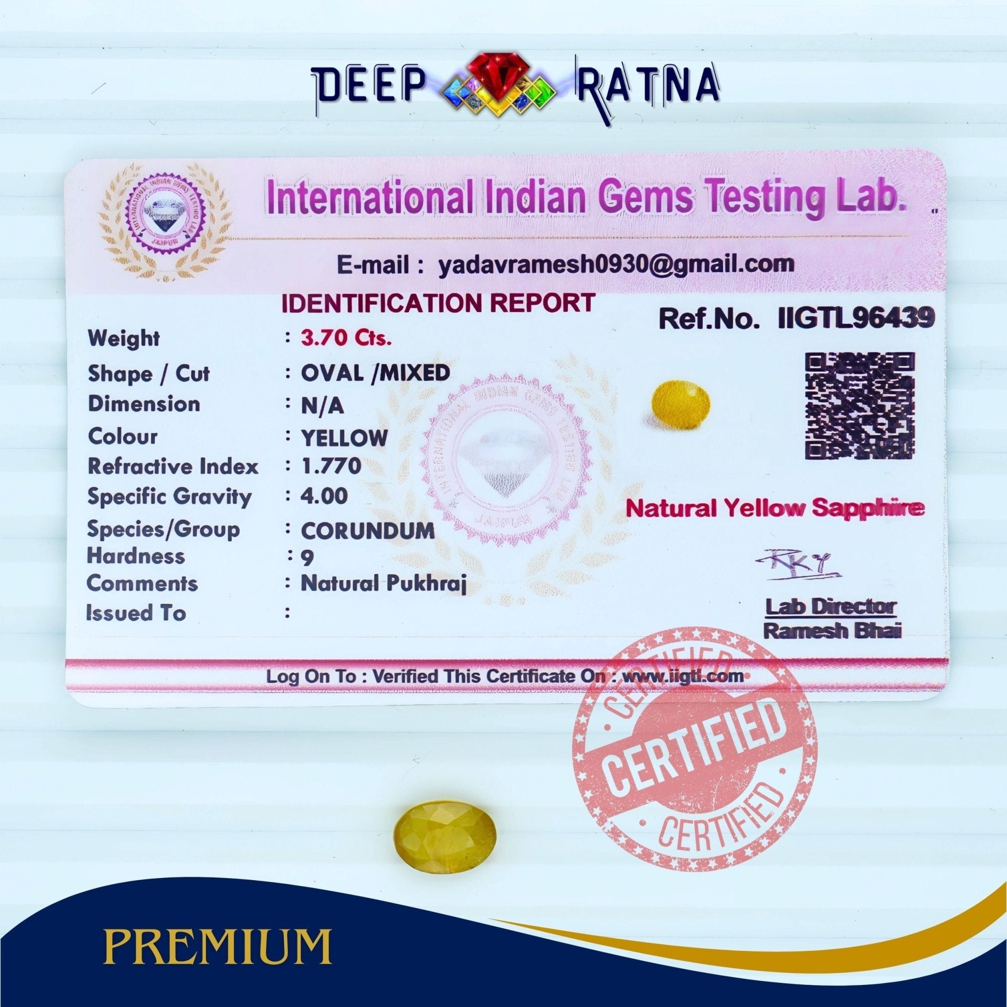Yellow Sapphire 3.70 Carat (Thailand) - Deep Ratna