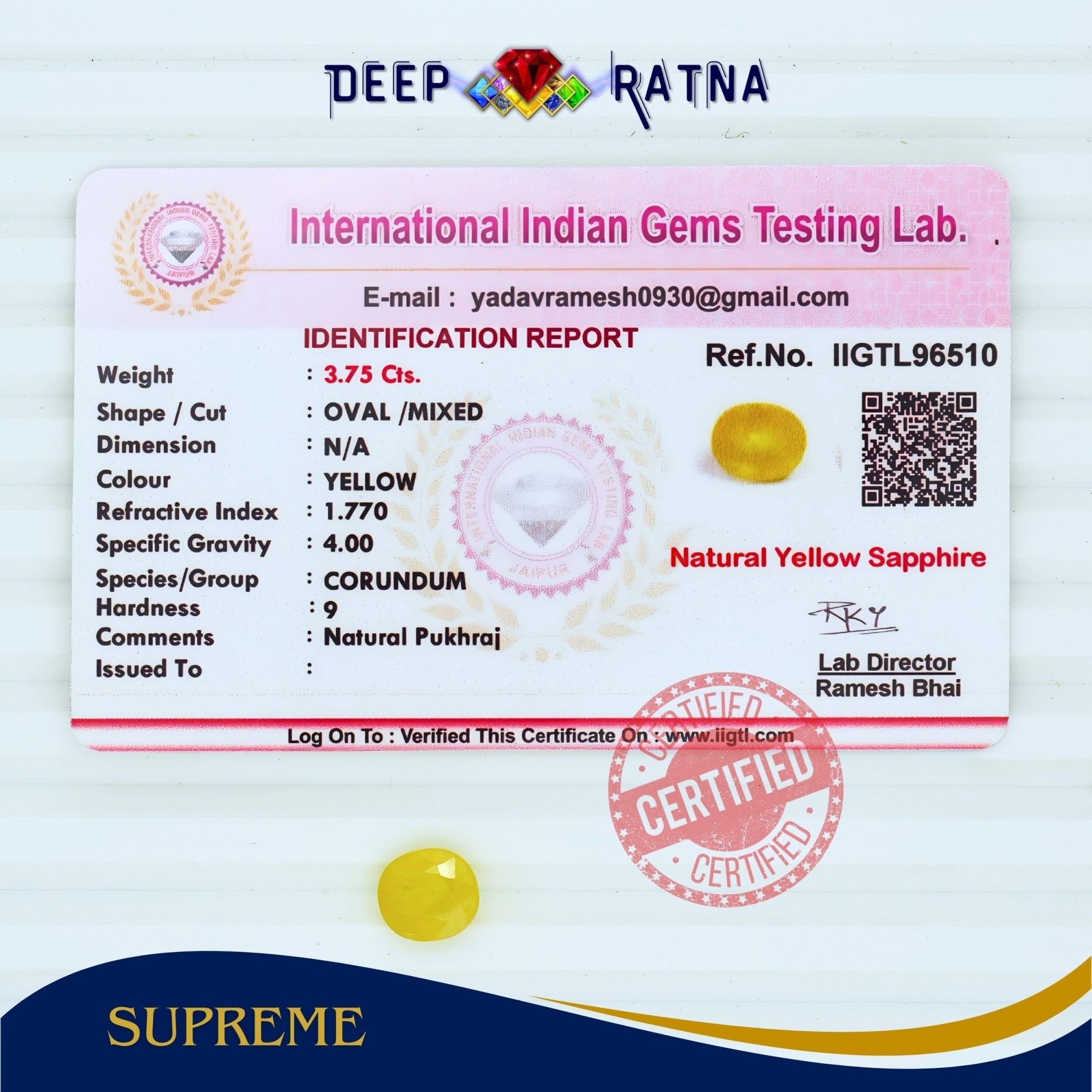 Yellow Sapphire 3.75 Carat (Thailand) - Deep Ratna