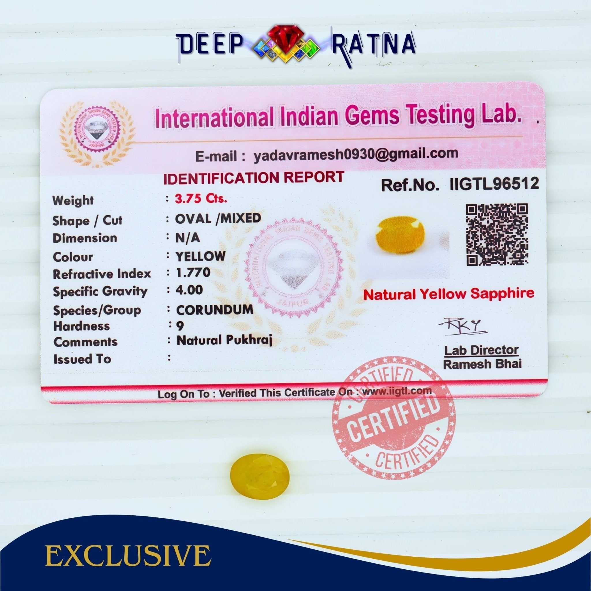 Yellow Sapphire 3.75 Carat (Thailand) - Deep Ratna