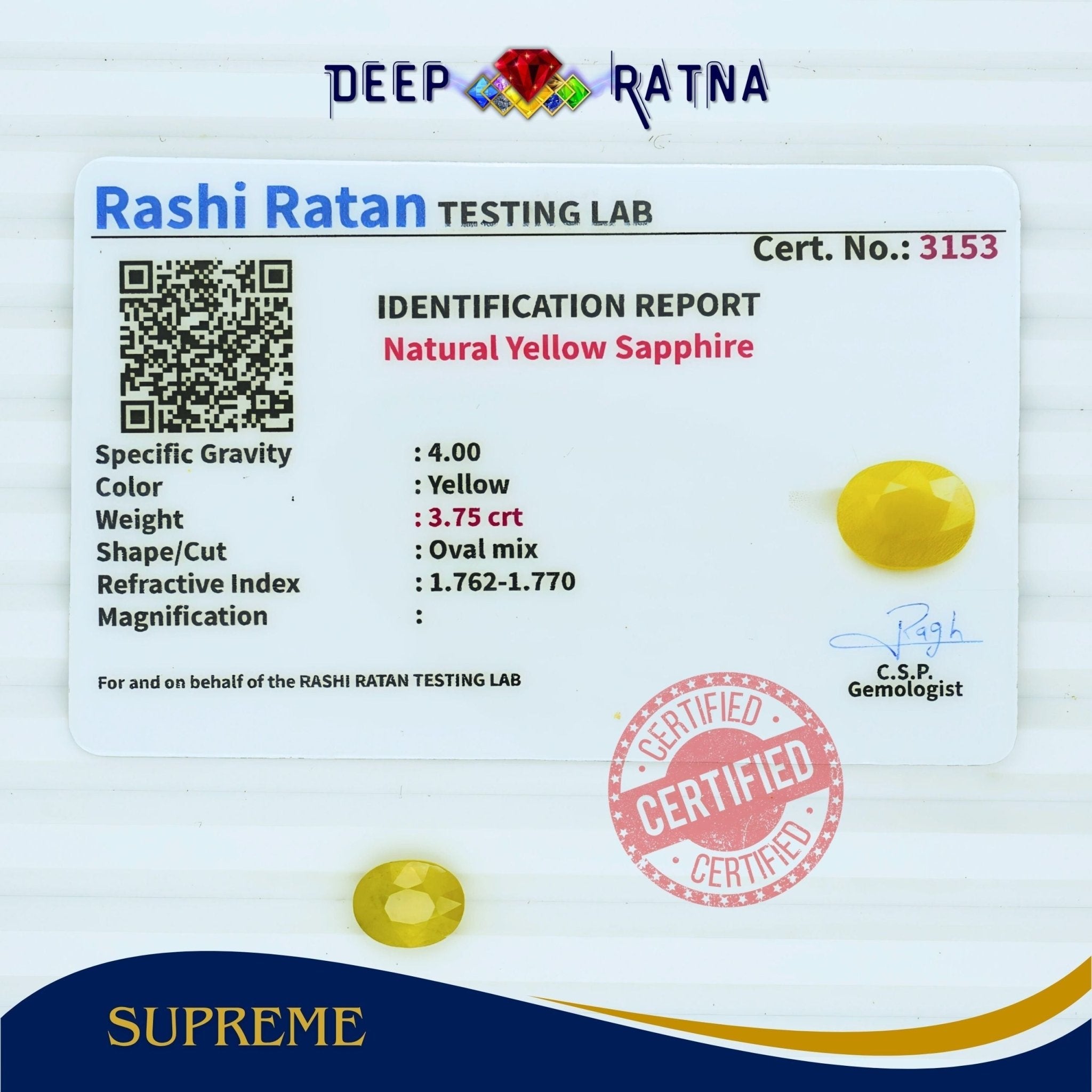 Yellow Sapphire 3.75 Carat (Thailand) - Deep Ratna