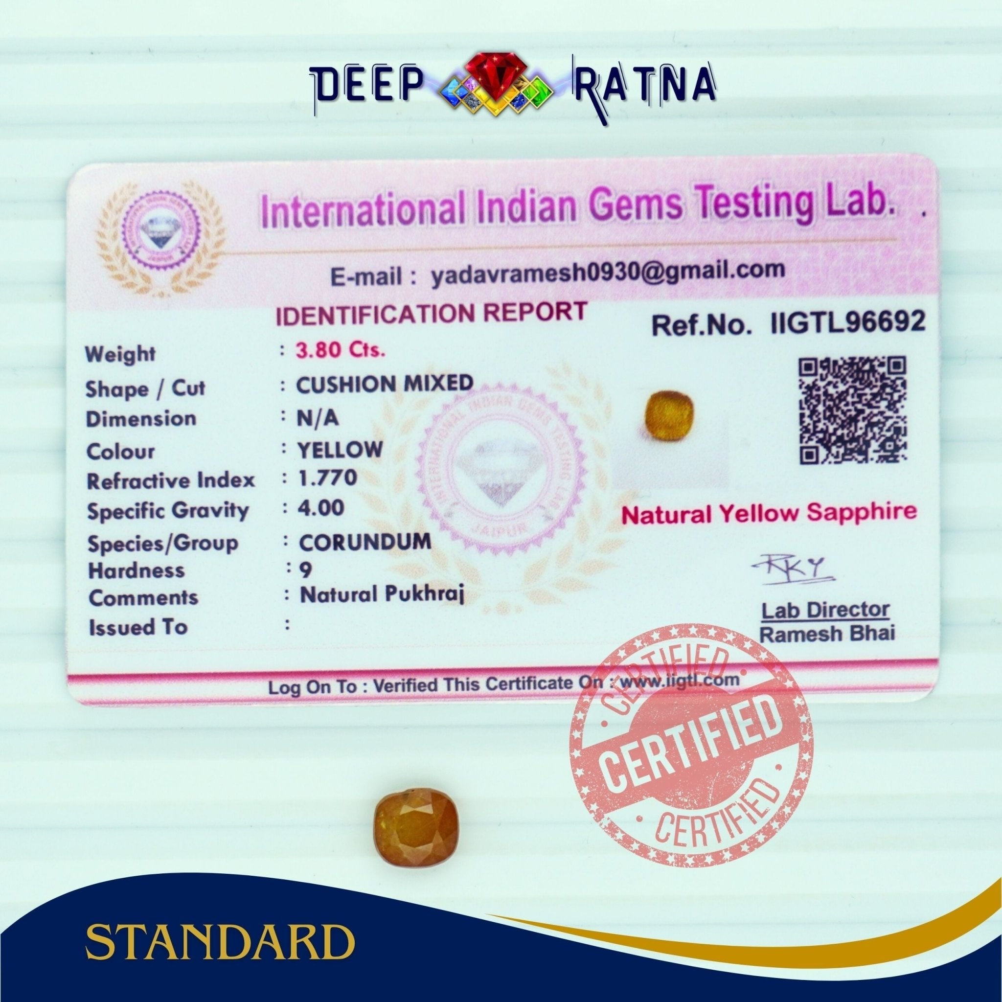 Yellow Sapphire 3.80 Carat (Thailand) - Deep Ratna