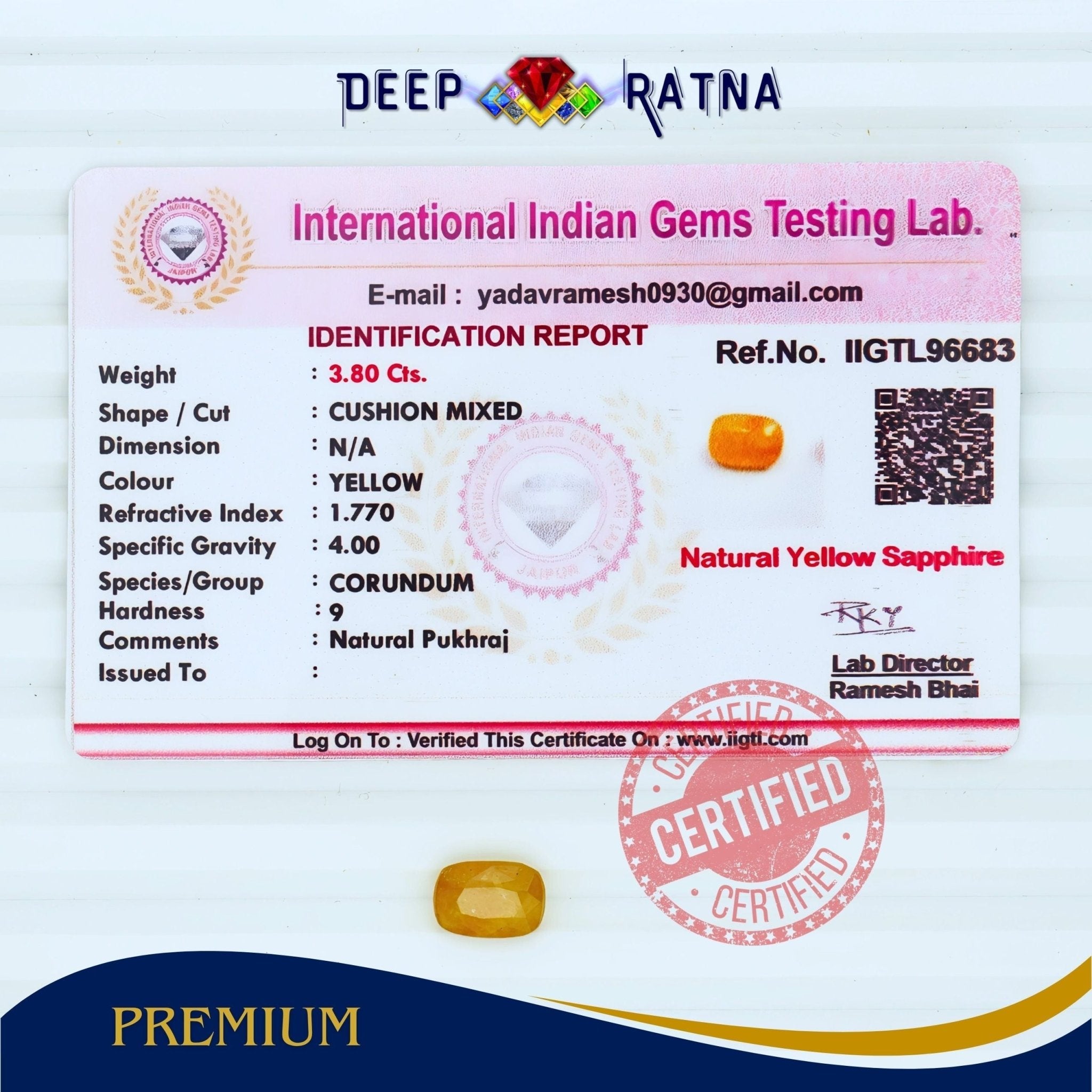 Yellow Sapphire 3.80 Carat (Thailand) - Deep Ratna