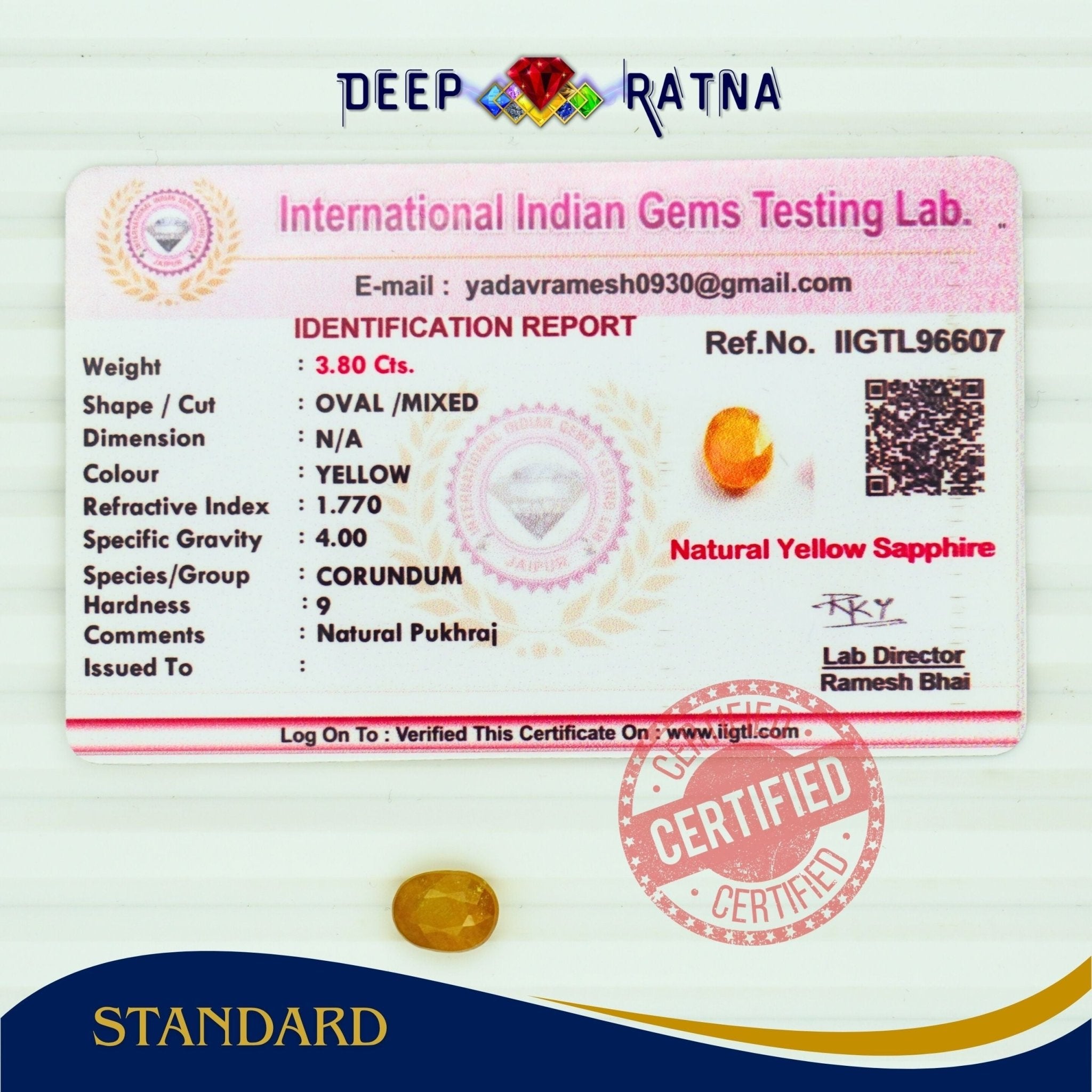 Yellow Sapphire 3.80 Carat (Thailand) - Deep Ratna