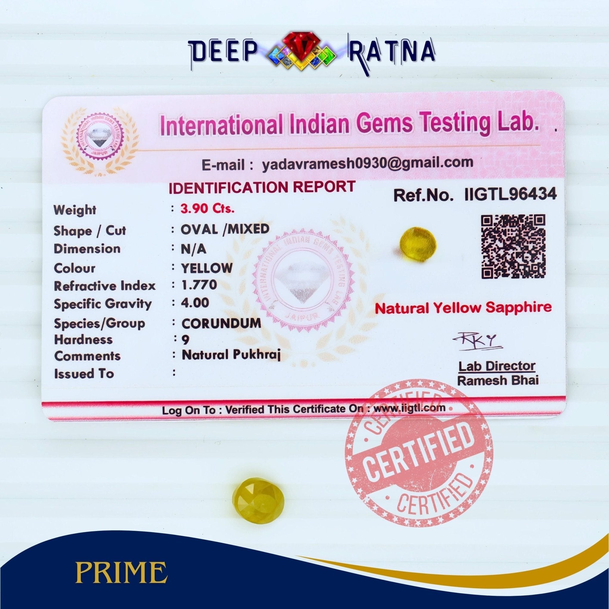 Yellow Sapphire 3.90 Carat (Thailand) - Deep Ratna