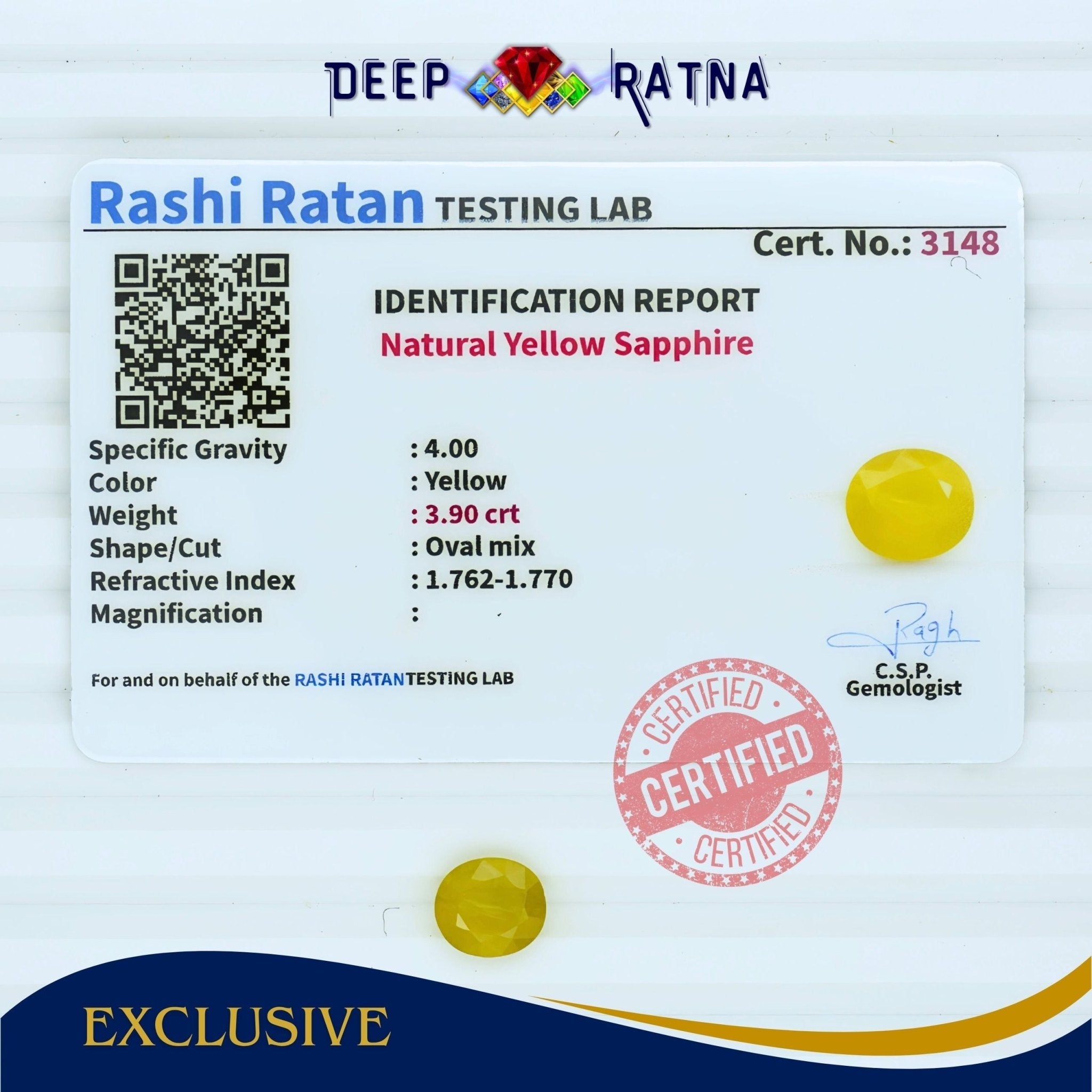 Yellow Sapphire 3.90 Carat (Thailand) - Deep Ratna