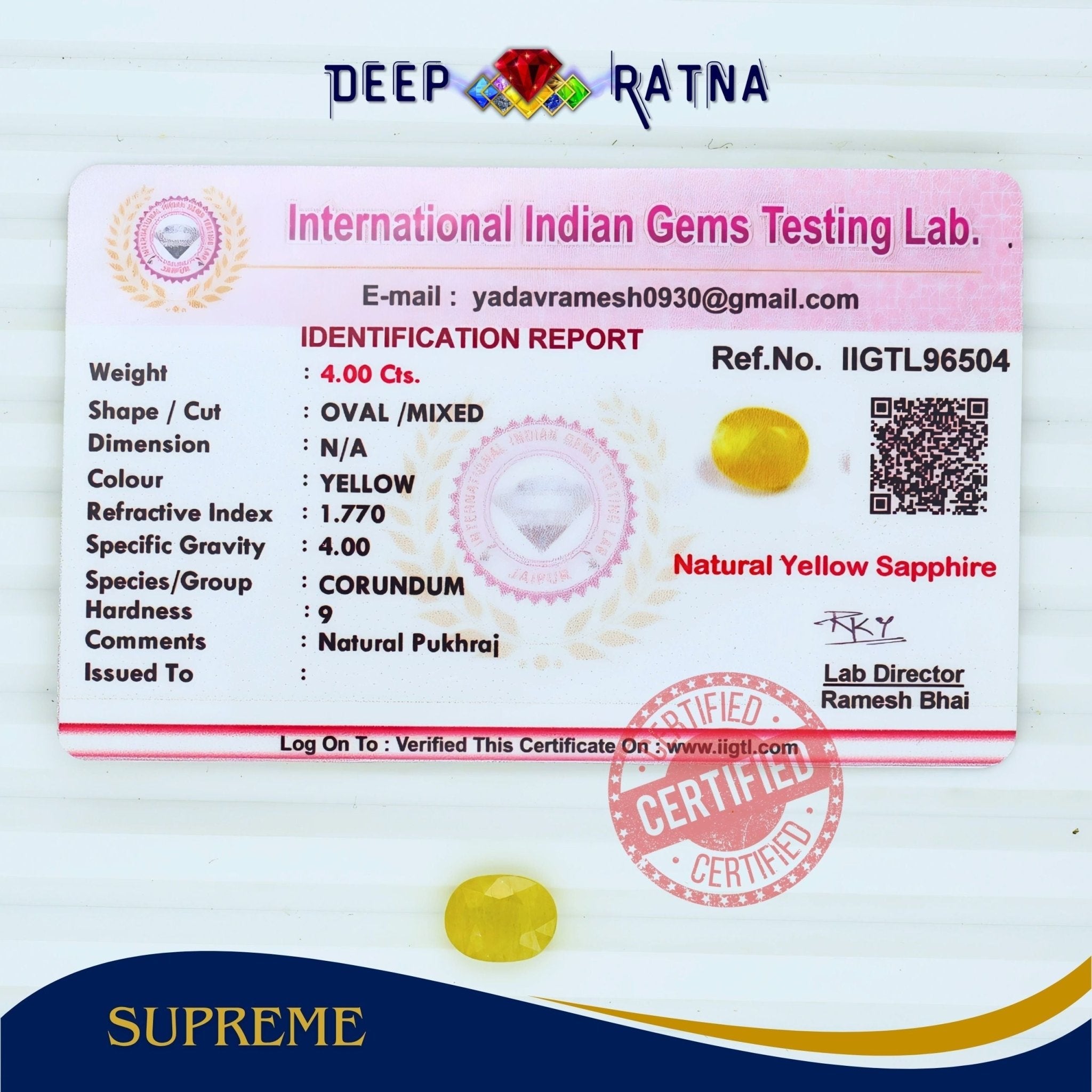 Yellow Sapphire 4 Carat (Thailand) - Deep Ratna