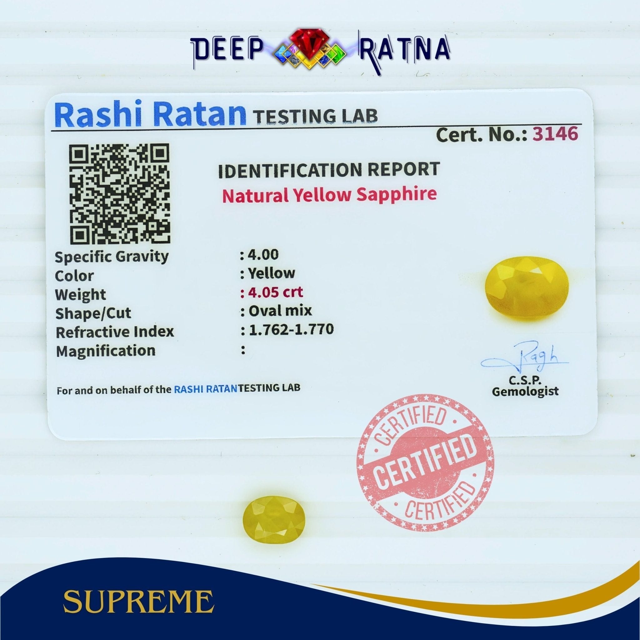 Yellow Sapphire 4.05 Carat (Thailand) - Deep Ratna