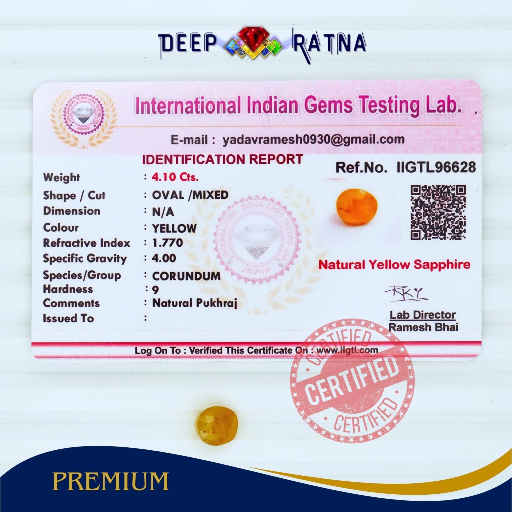 Yellow Sapphire 4.10 Carat (Thailand) - Deep Ratna