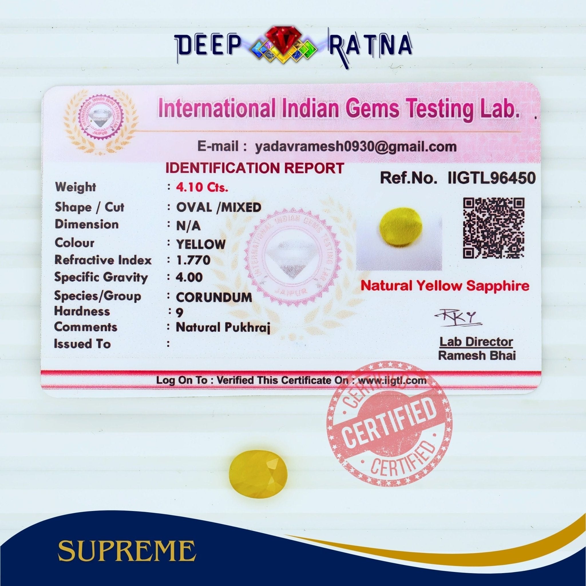 Yellow Sapphire 4.10 Carat (Thailand) - Deep Ratna