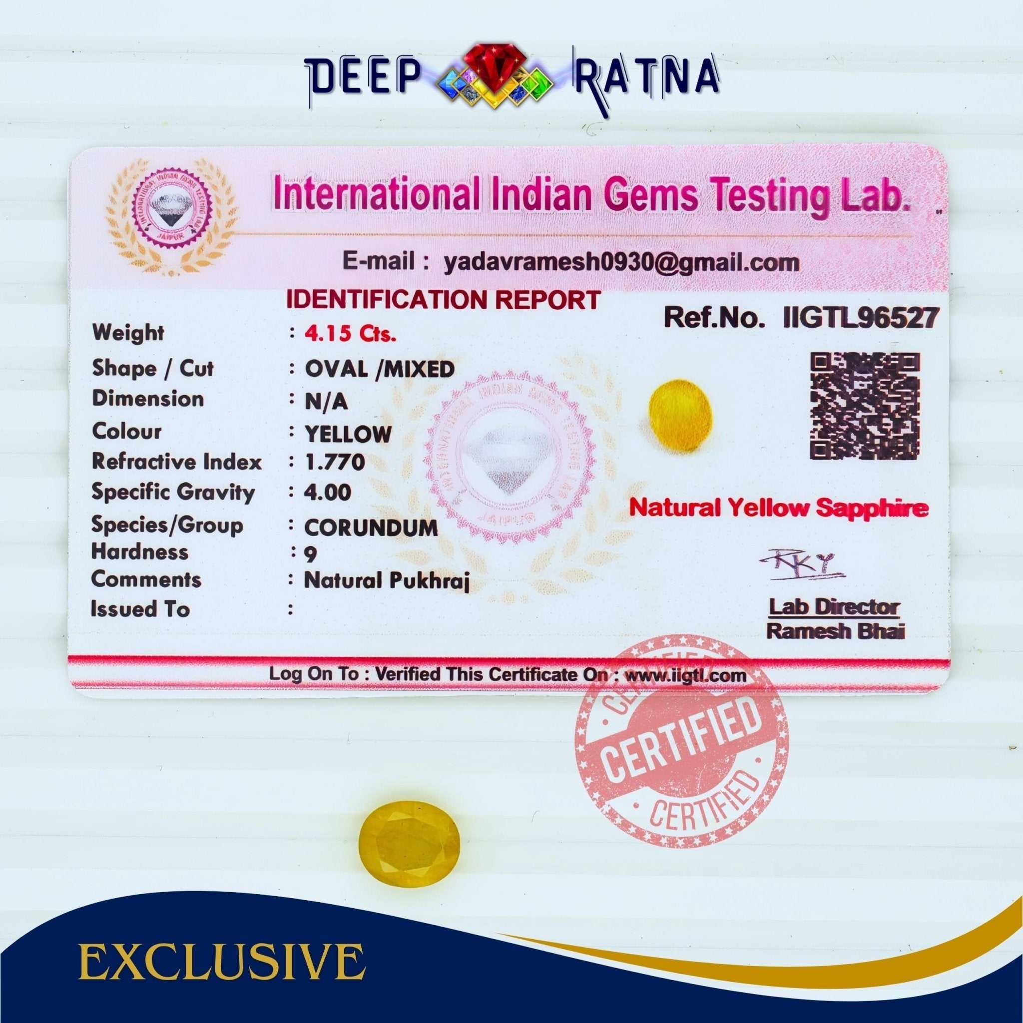 Yellow Sapphire 4.15 Carat (Thailand) - Deep Ratna