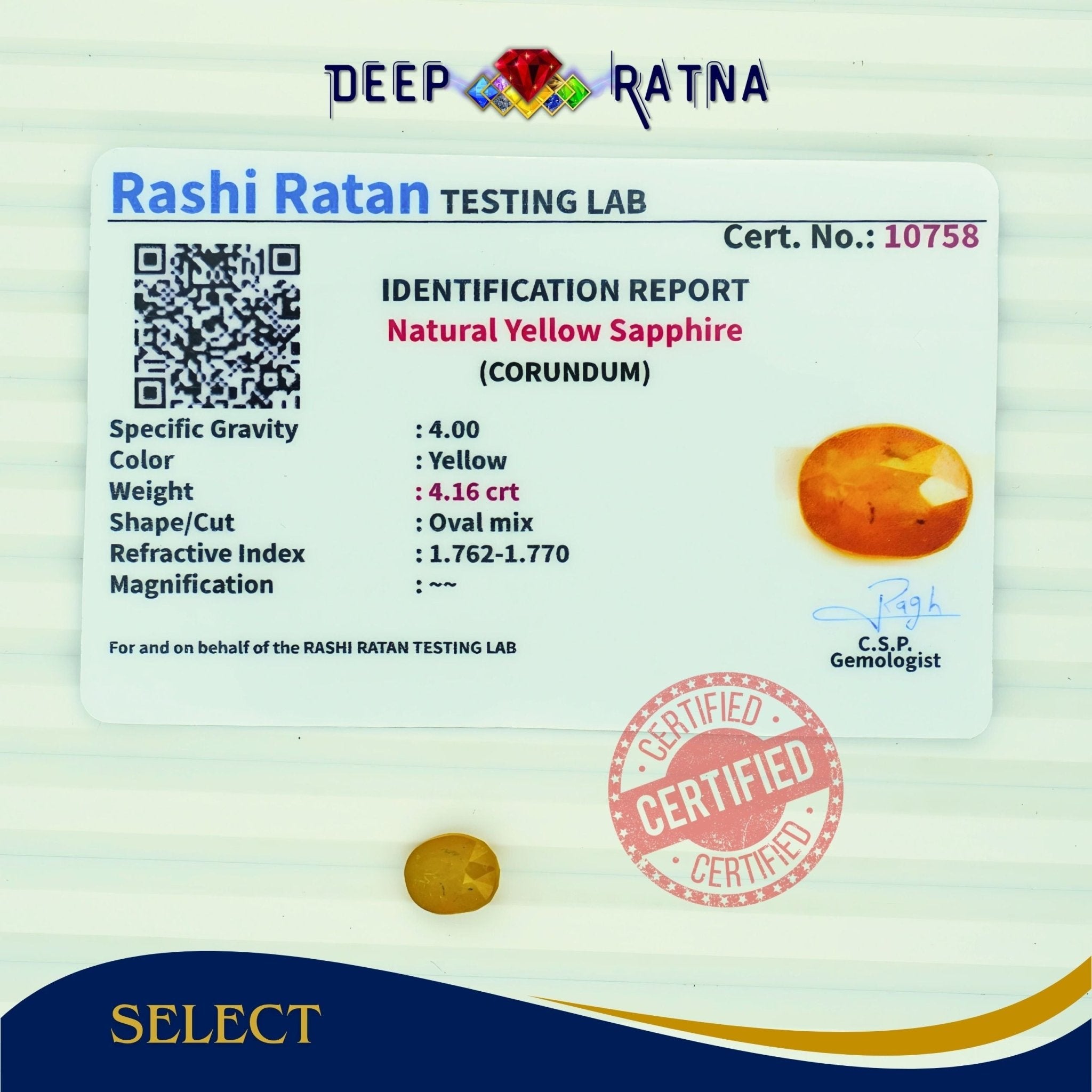 Yellow Sapphire 4.16 Carat (Thailand) - Deep Ratna