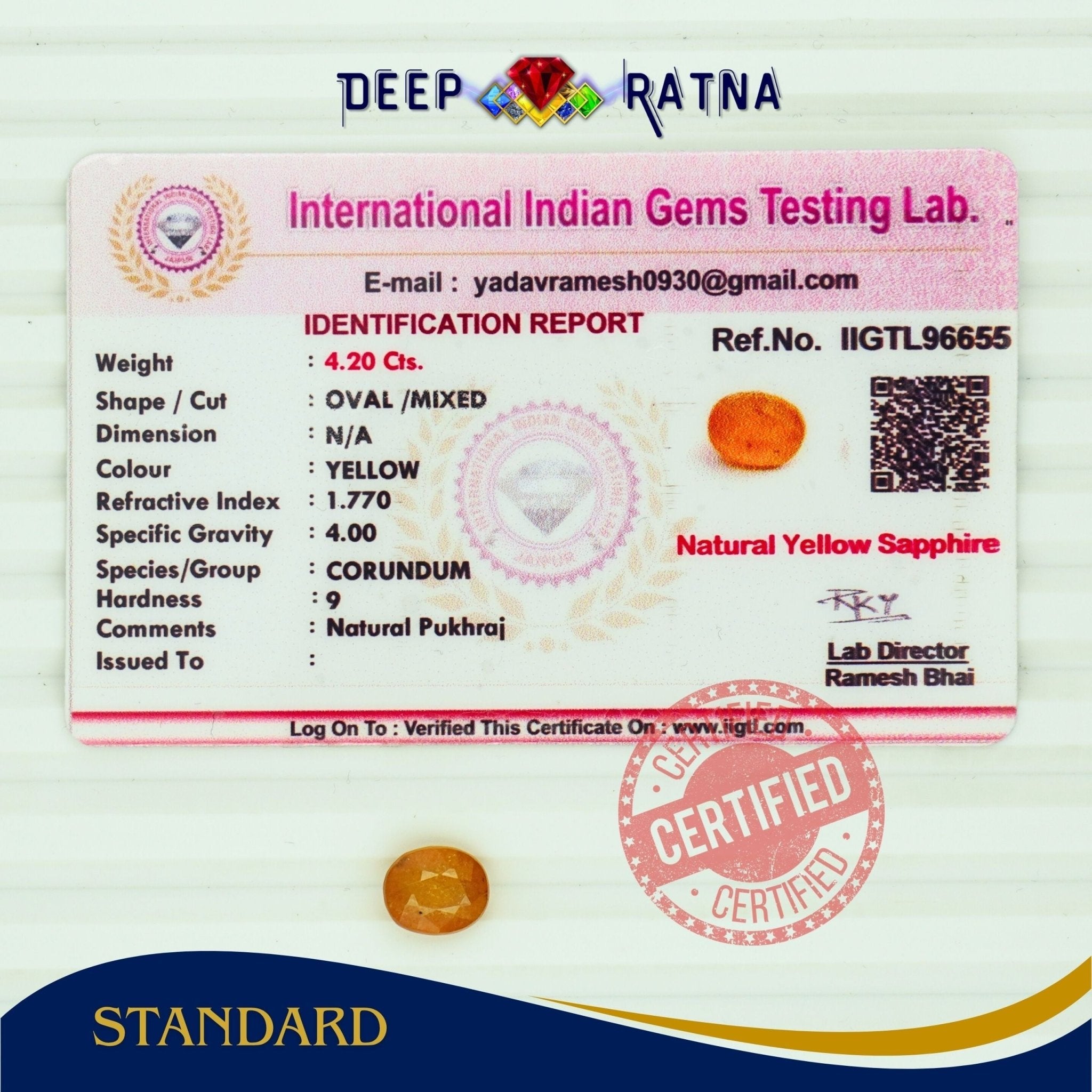 Yellow Sapphire 4.20 Carat (Thailand) - Deep Ratna