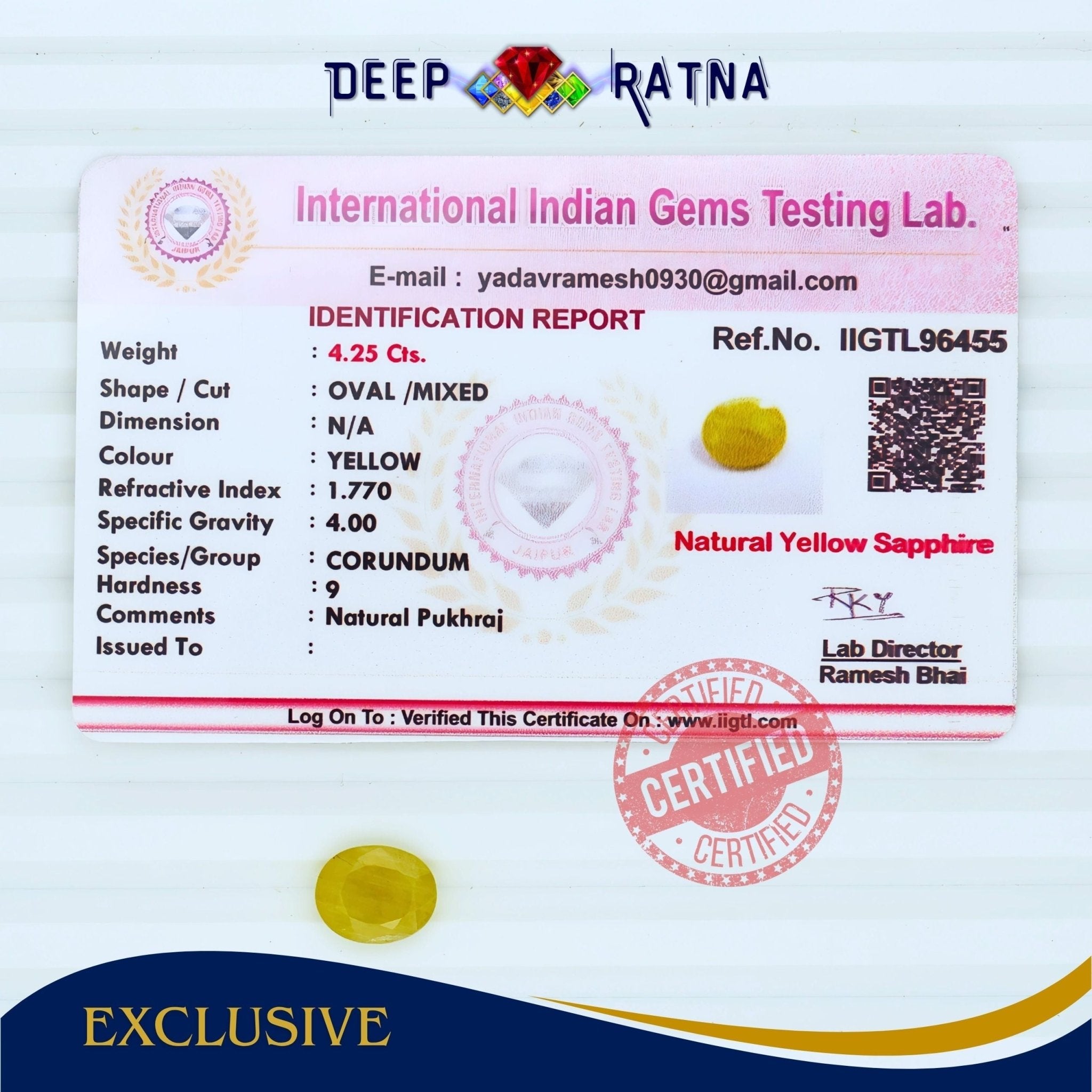 Yellow Sapphire 4.25 Carat (Thailand) - Deep Ratna