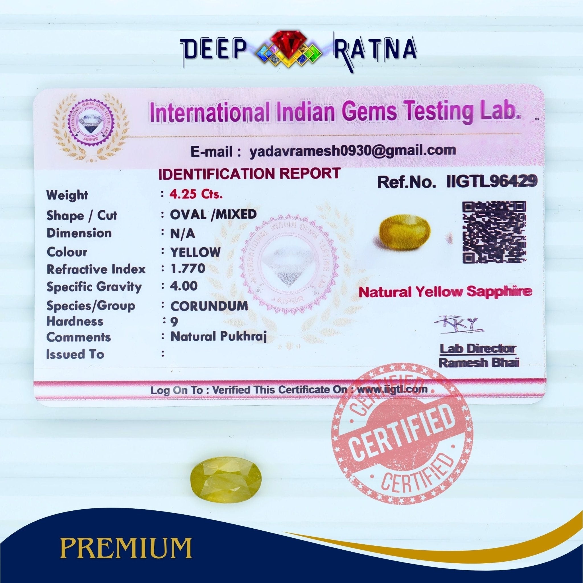 Yellow Sapphire 4.25 Carat (Thailand) - Deep Ratna