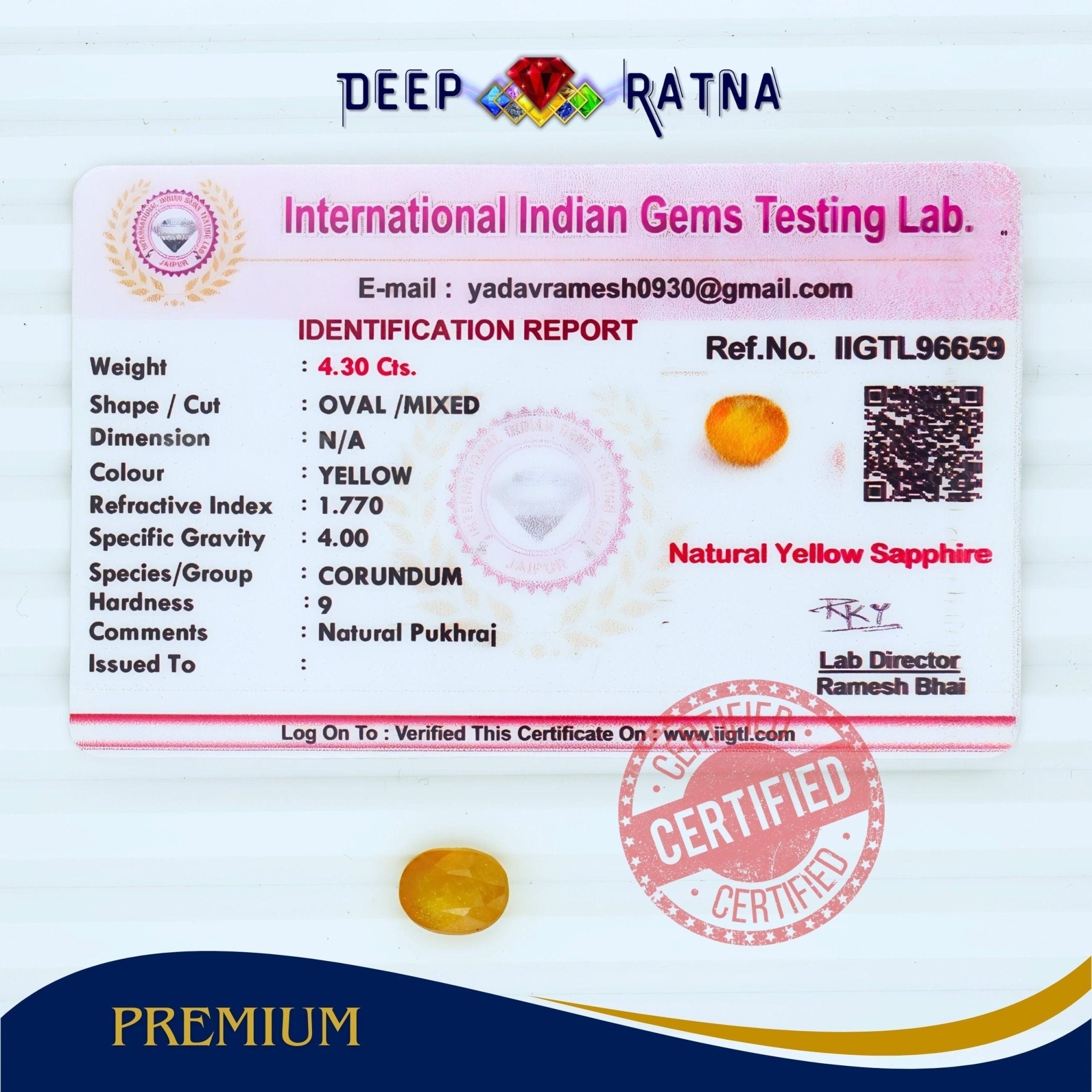 Yellow Sapphire 4.30 Carat (Thailand) - Deep Ratna