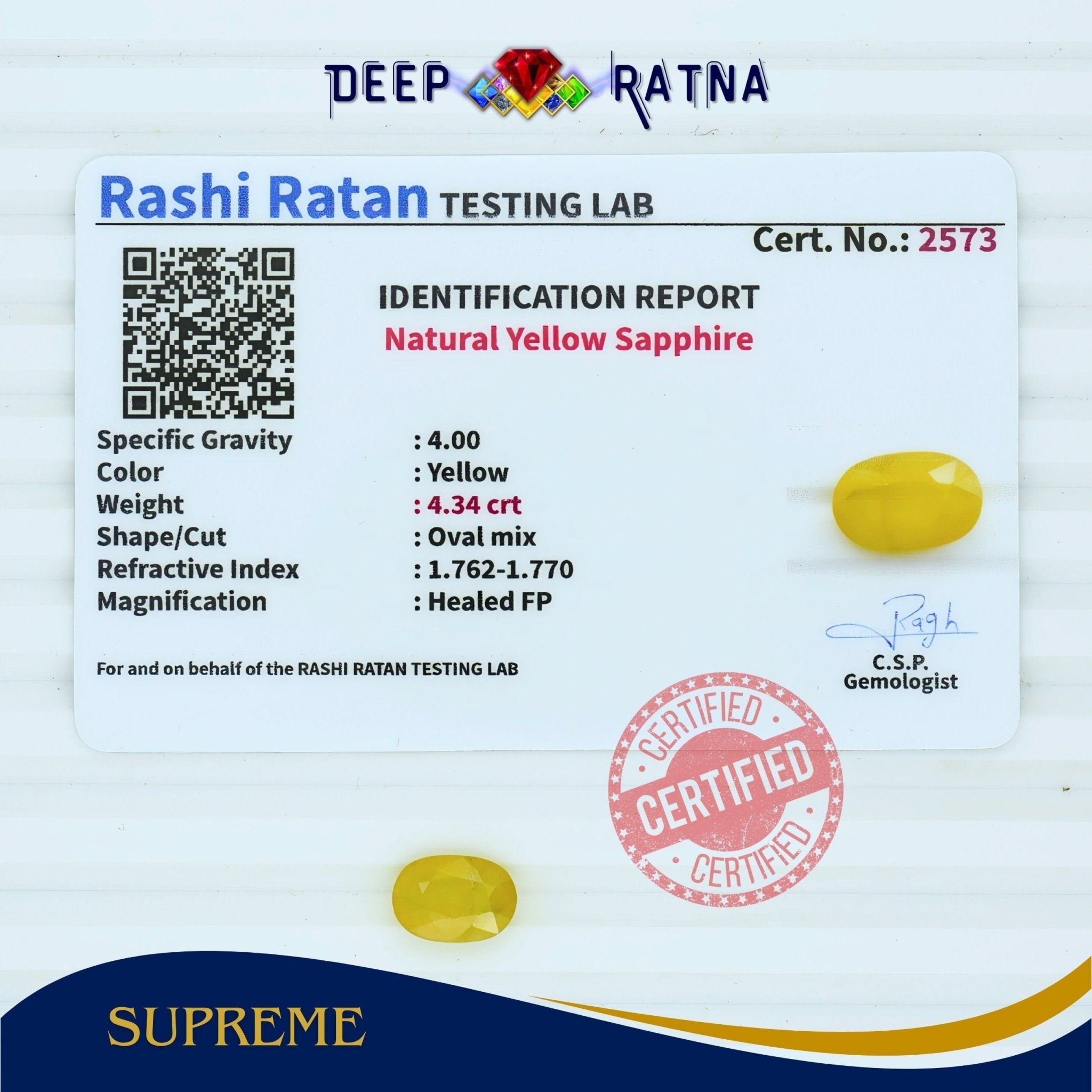 Yellow Sapphire 4.34 Carat (Thailand) - Deep Ratna