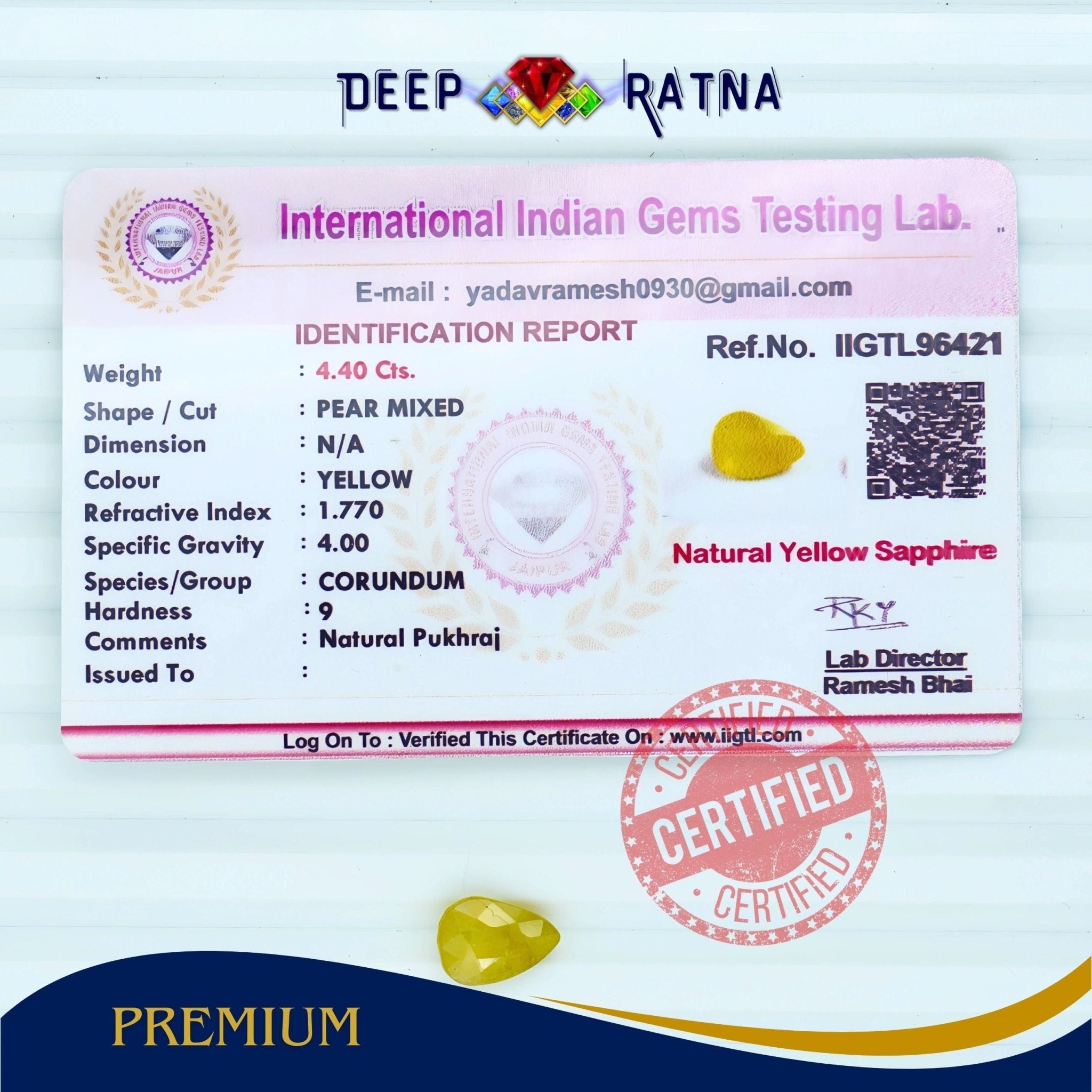 Yellow Sapphire 4.40 Carat (Thailand) - Deep Ratna