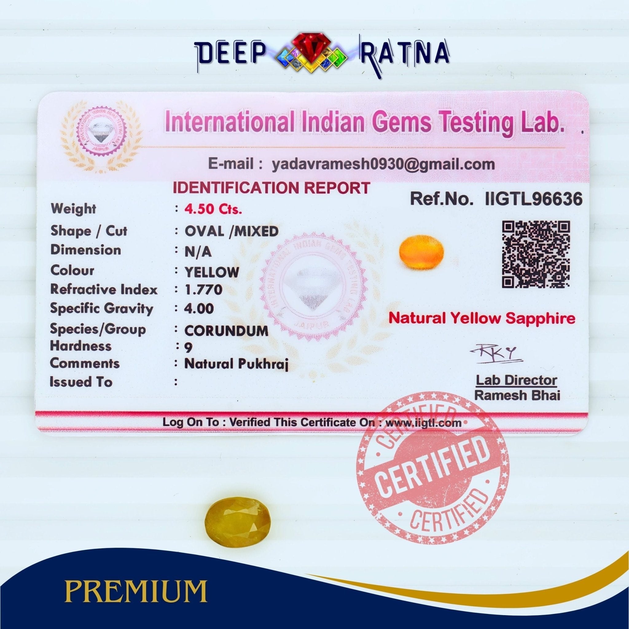 Yellow Sapphire 4.50 Carat (Thailand) - Deep Ratna