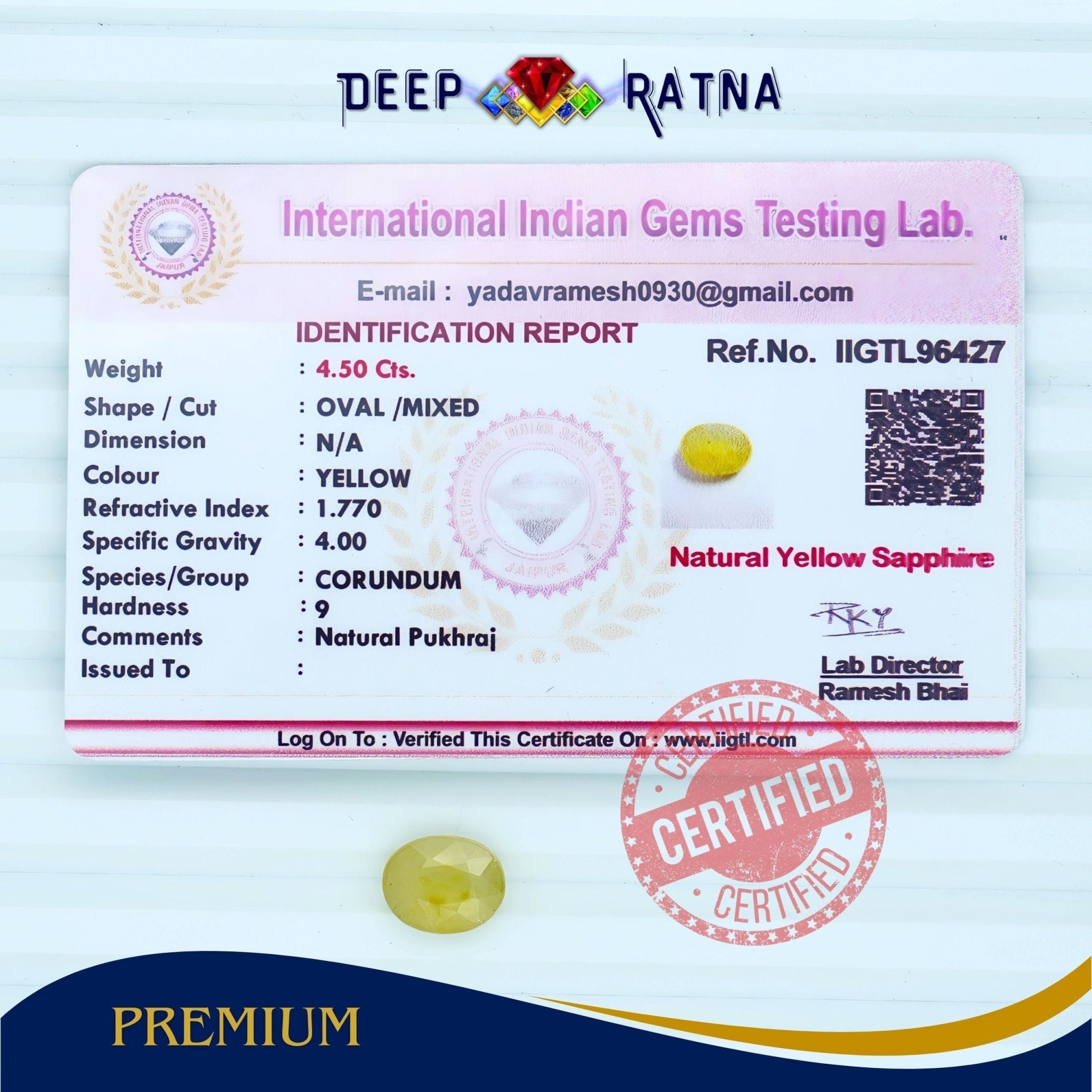 Yellow Sapphire 4.50 Carat (Thailand) - Deep Ratna