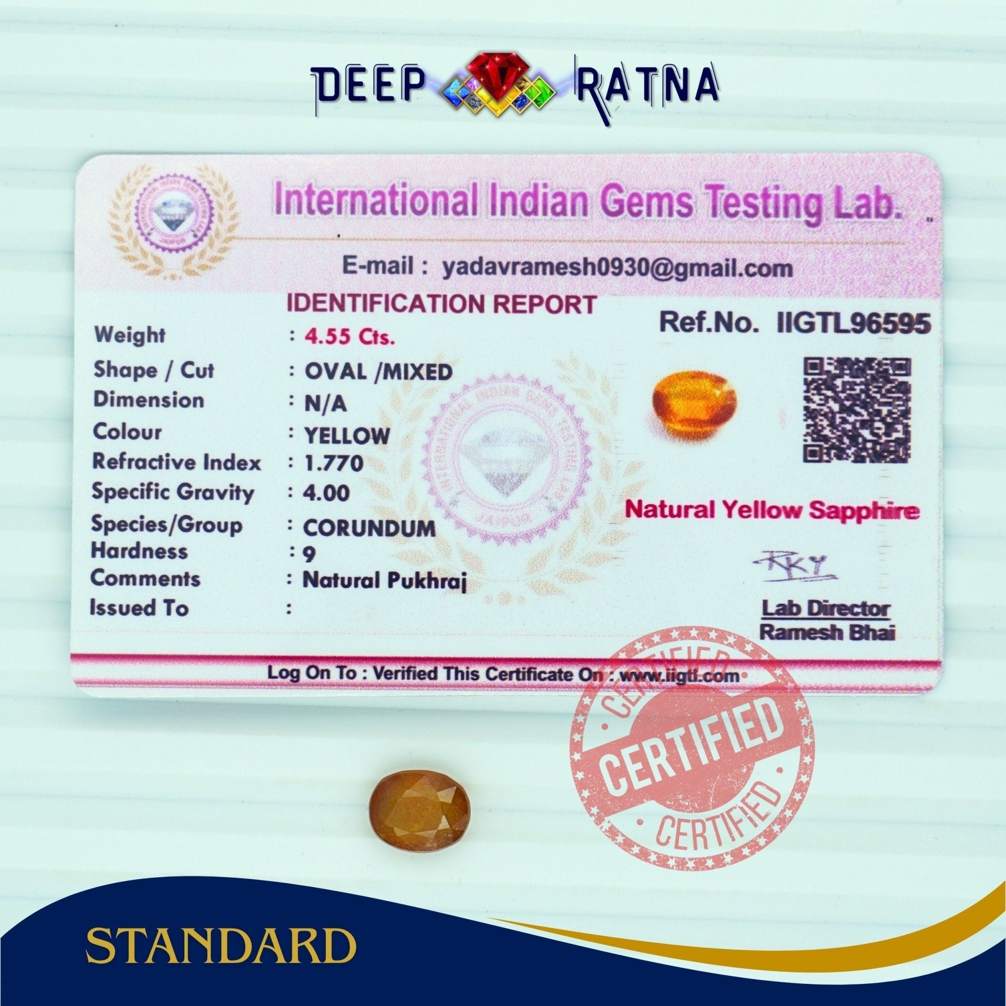 Yellow Sapphire 4.55 Carat (Thailand) - Deep Ratna