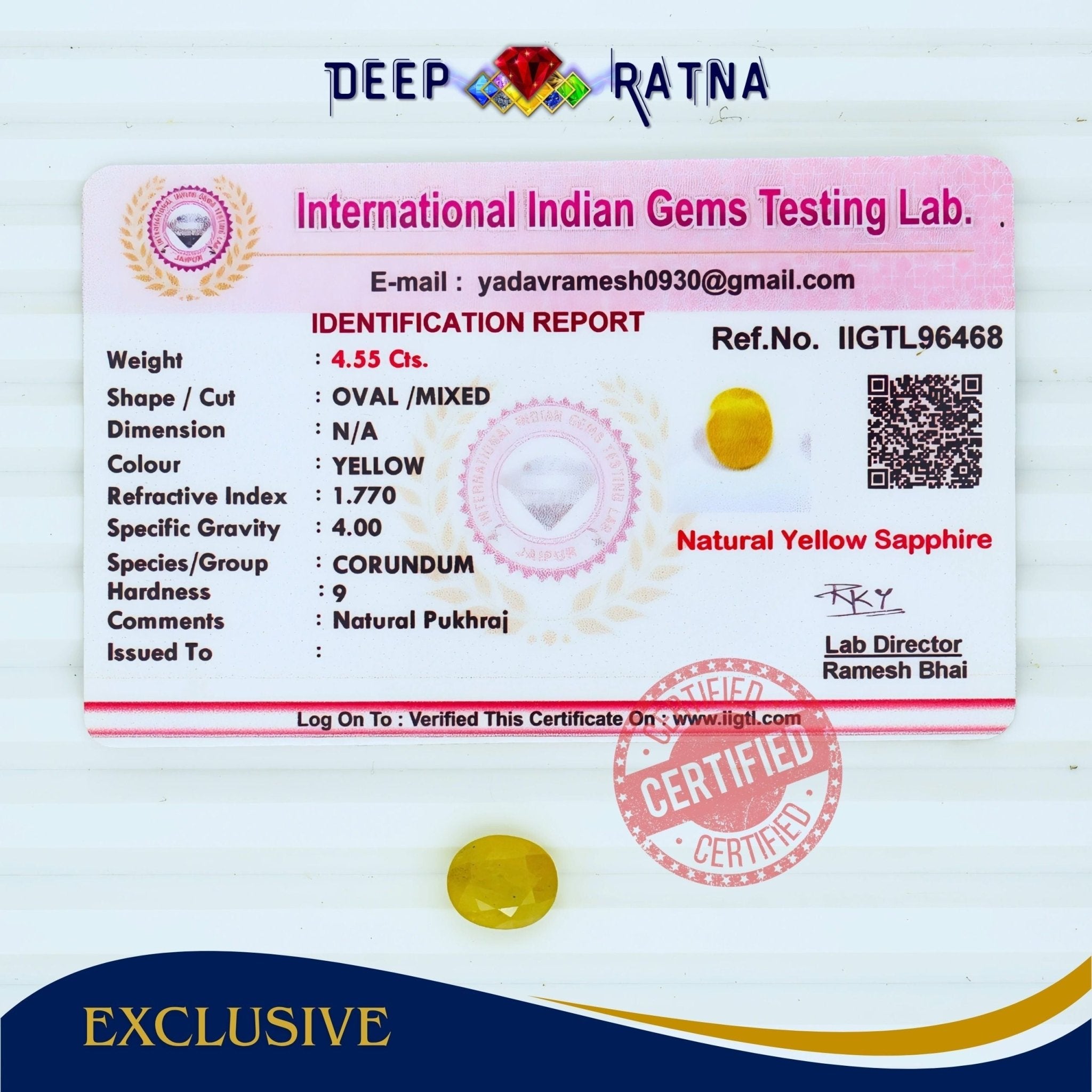Yellow Sapphire 4.55 Carat (Thailand) - Deep Ratna
