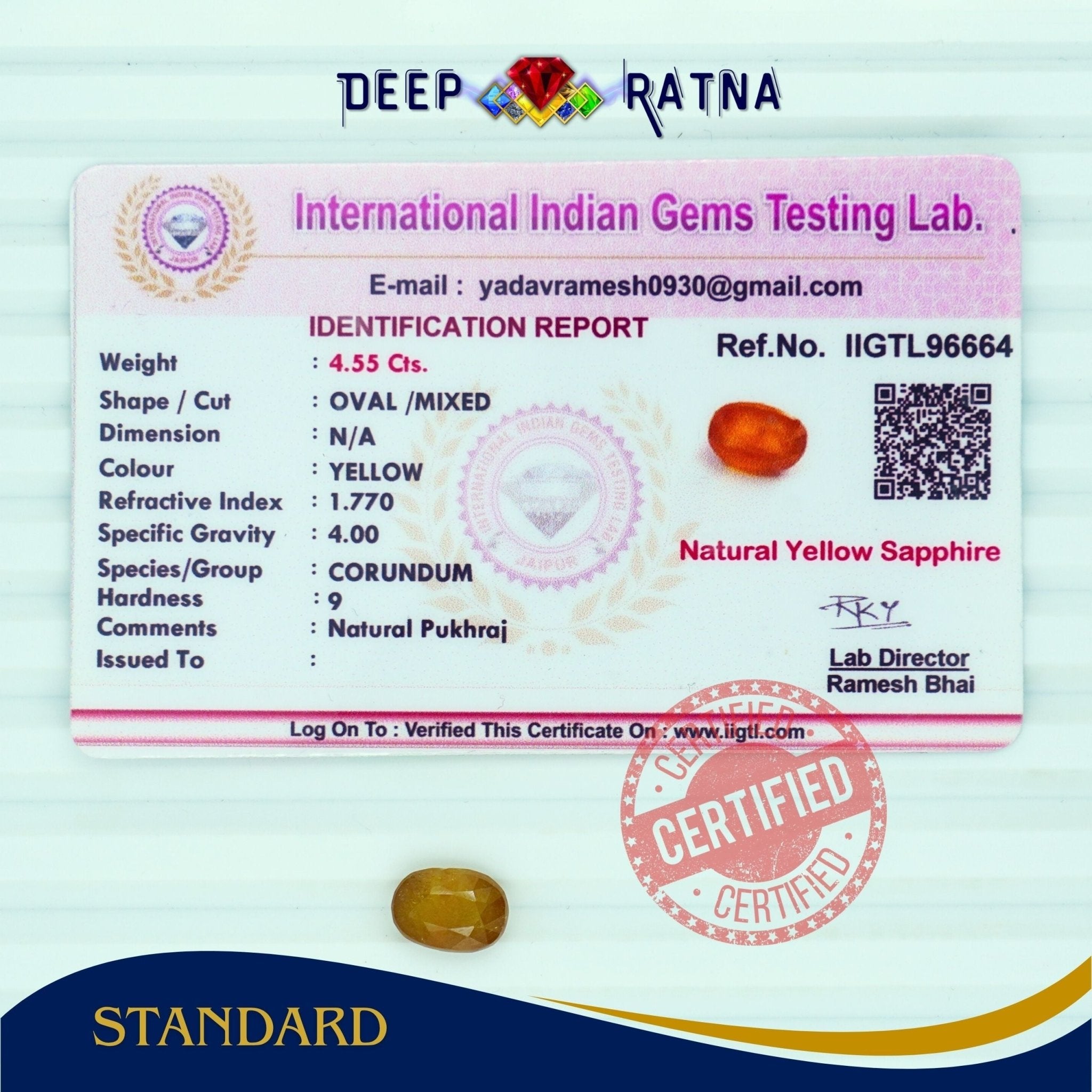 Yellow Sapphire 4.55 Carat (Thailand) - Deep Ratna