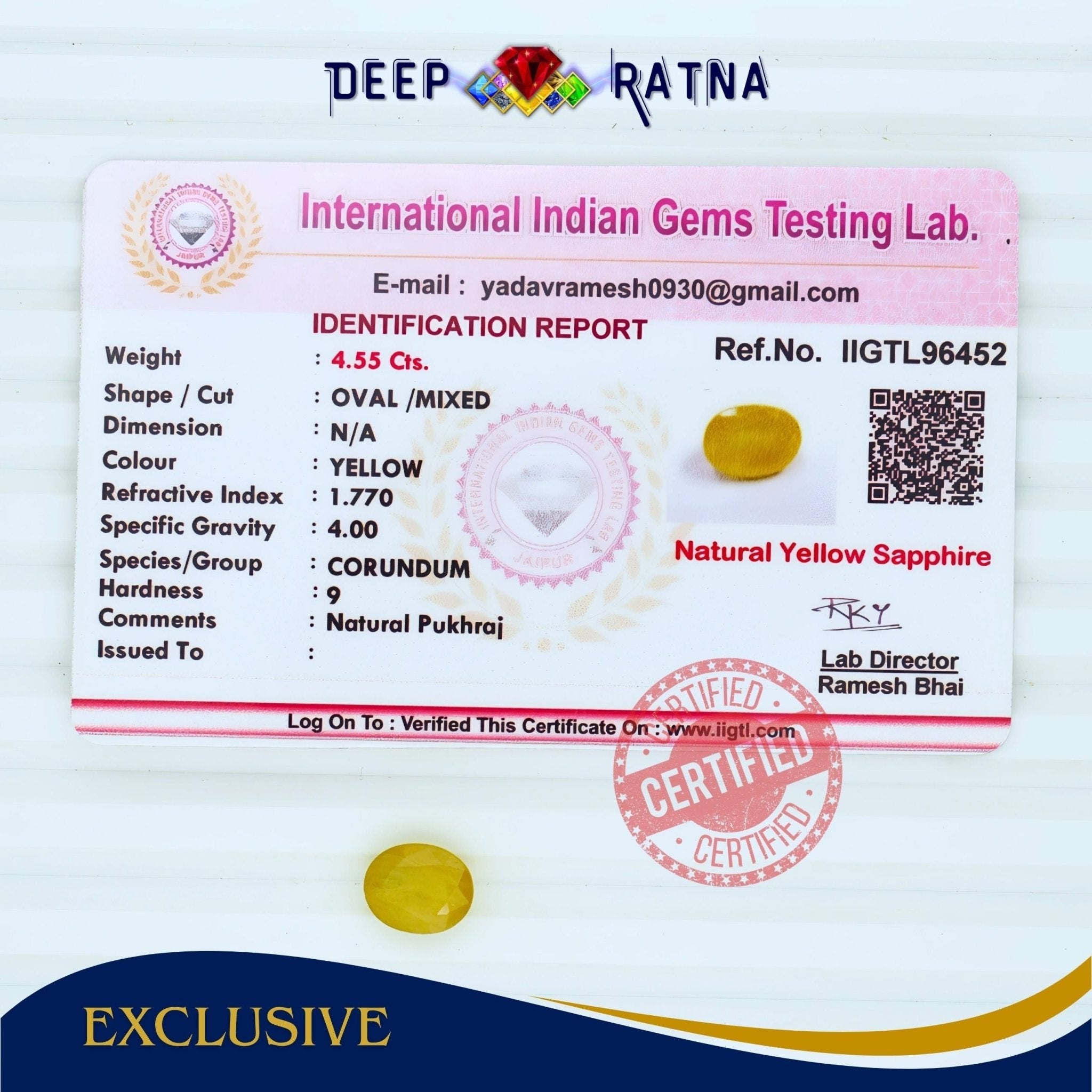 Yellow Sapphire 4.55 Carat (Thailand) - Deep Ratna